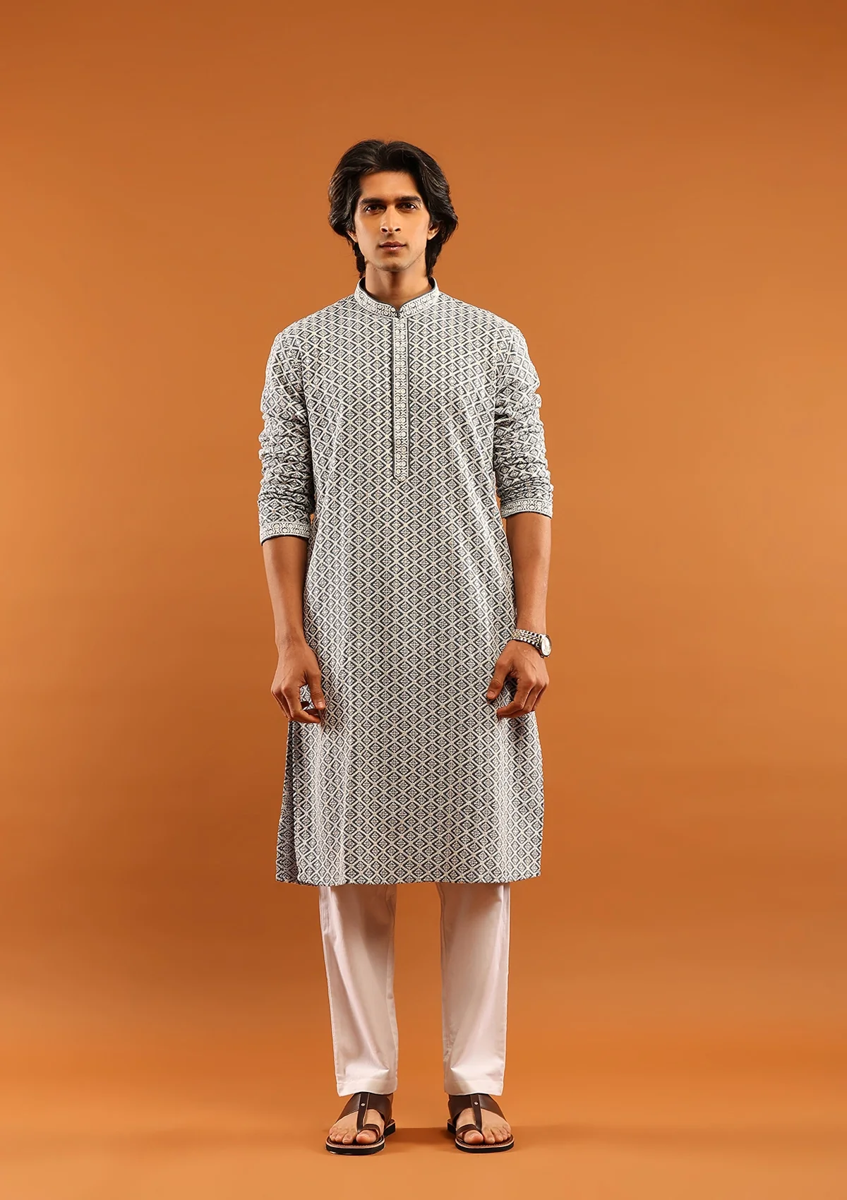 HOC Rayon Embroidered With Sequins Solid Men's Long Kurta- Grey - Healthber