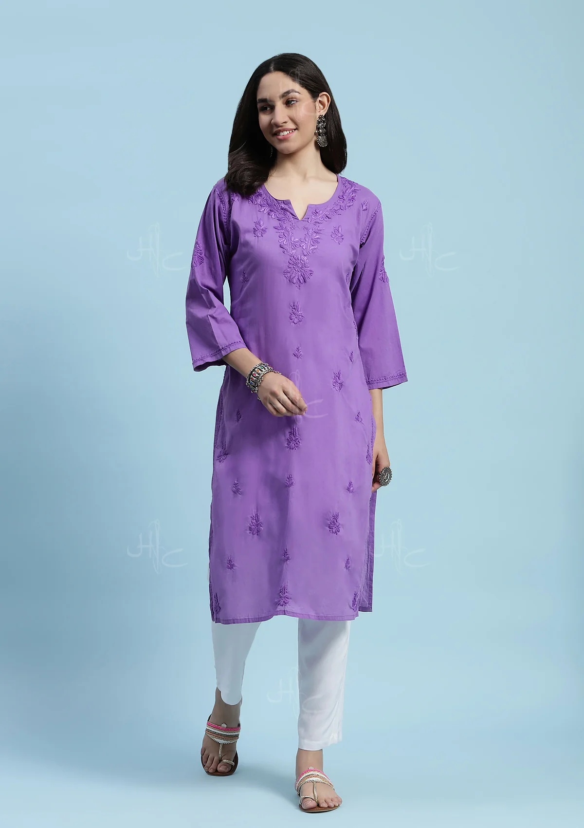 Cotton Chikankari Solid Women's Long Kurta - Purple - Healthber