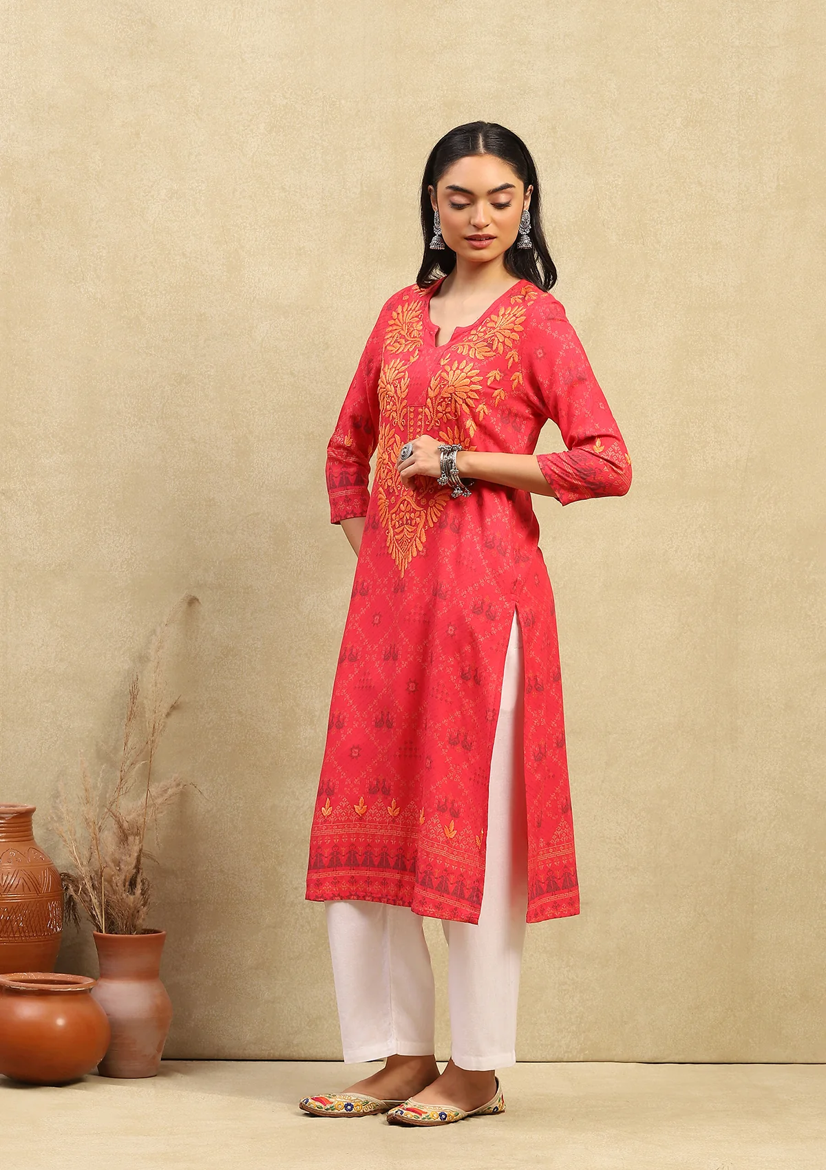 HOC Rayon Dobby Chikankari Printed Women's Long Kurta - Dark Pink - Healthber