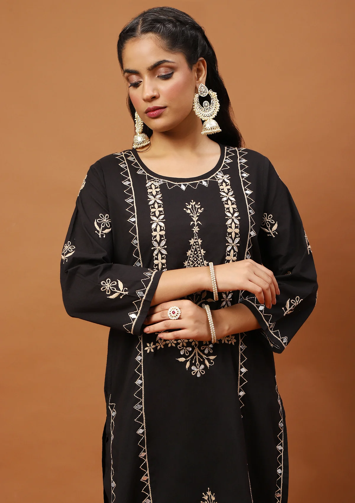 HOC Cotton Chikankari Gota Work Solid Women's 2PC Long Kurta Set -Black - Healthber