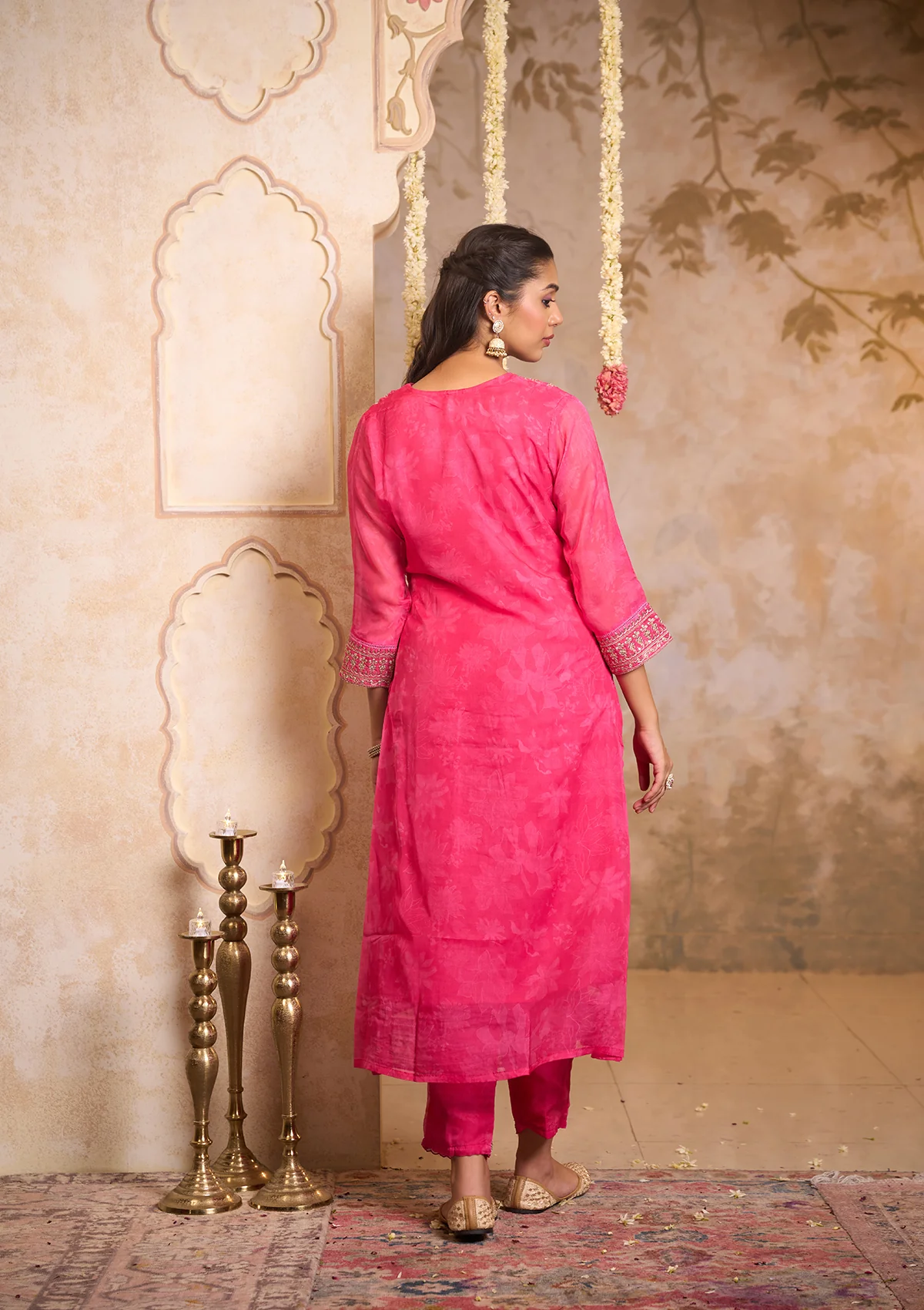 HOC Organza Blend Embroidered Zardozi Printed Women's 3 PC A-Line Kurta Set-Pink - Healthber