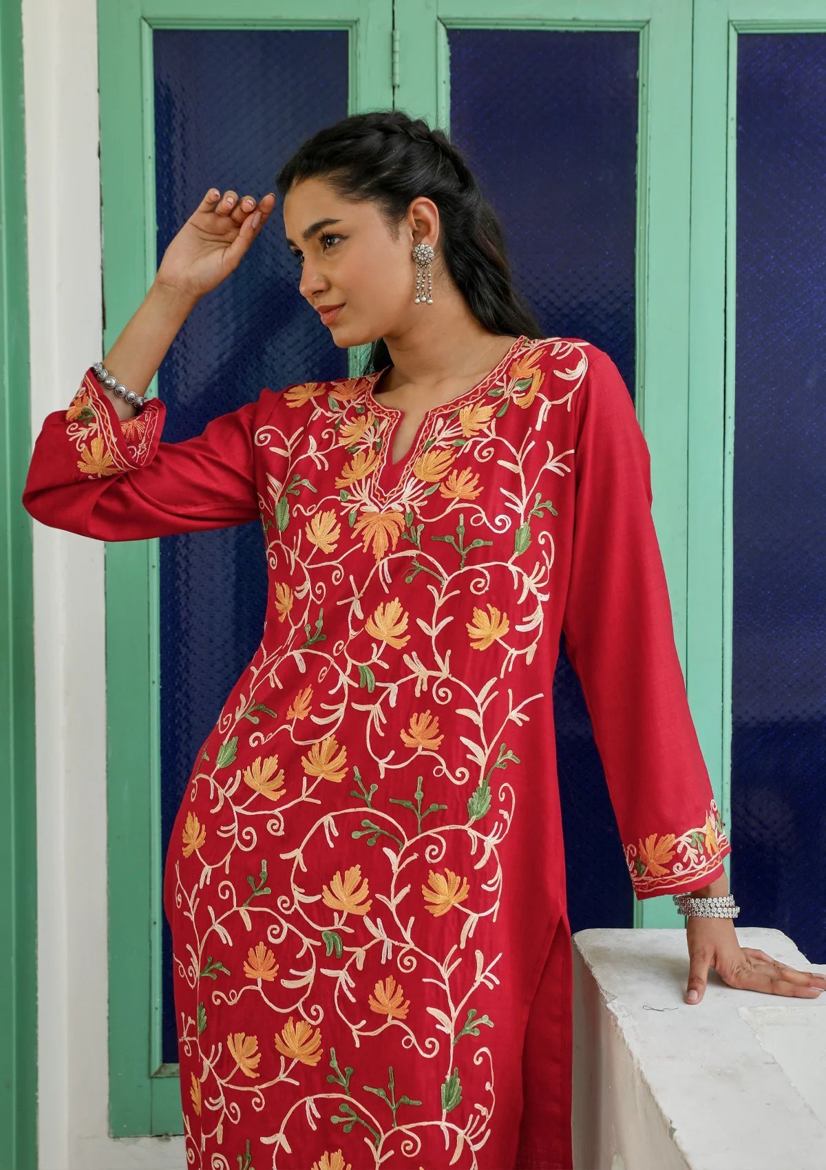 HOC Cotton Aari Embroidered Solid Women's 3 PC Long Kurta Set with Dupatta - Red - Healthber