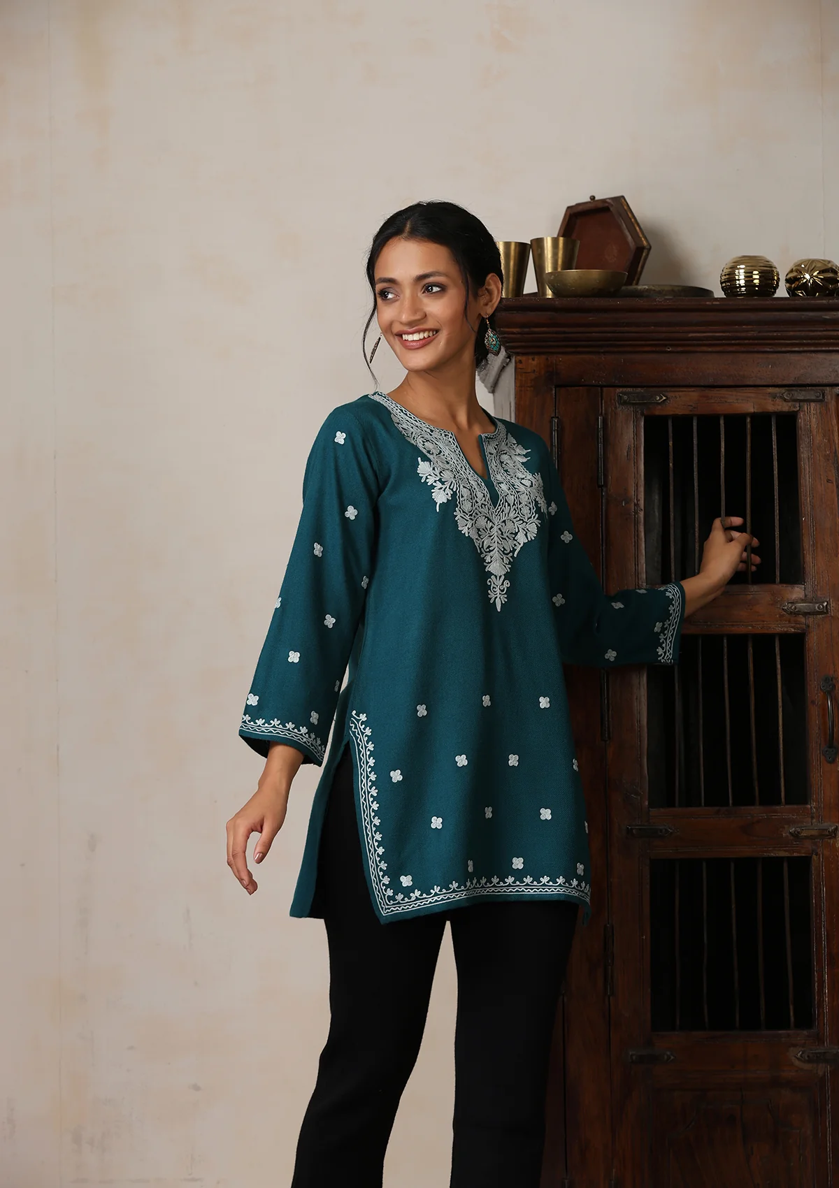 HOC Aari Embroidered Woollen Solid Women's Short Kurta - Teal - Healthber