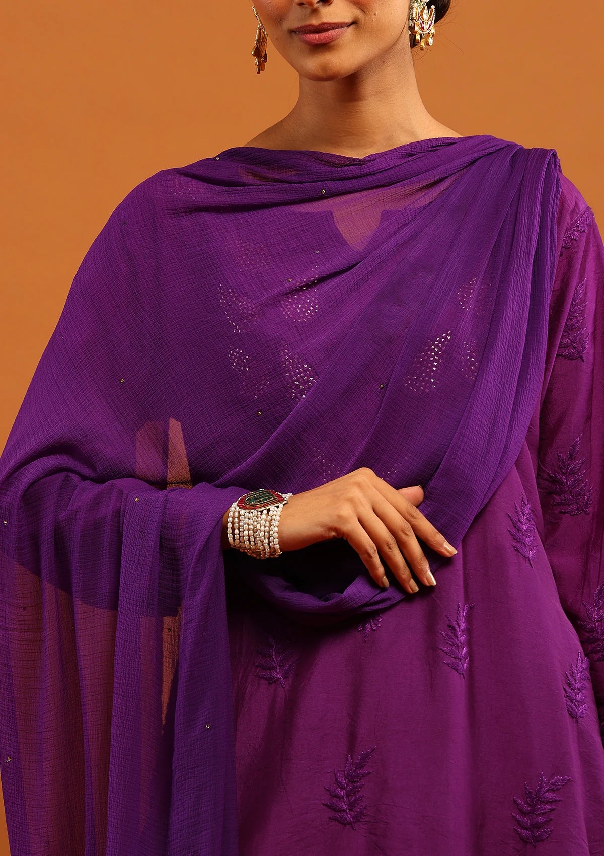 HOC Chiffon Hand Embellished Solid Women's Dupatta With Lace - Purple - Healthber