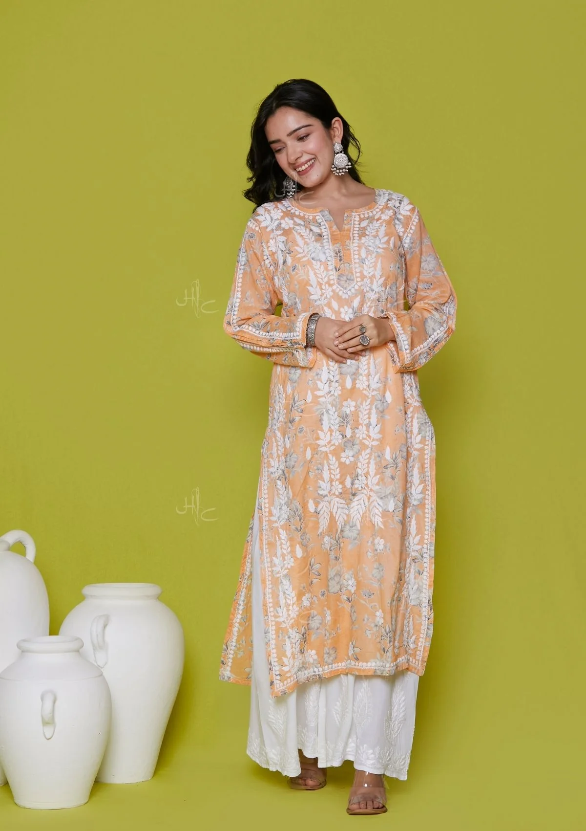 HOC Mulmul Chikankari Printed Women's Long Kurta - Orange - Healthber