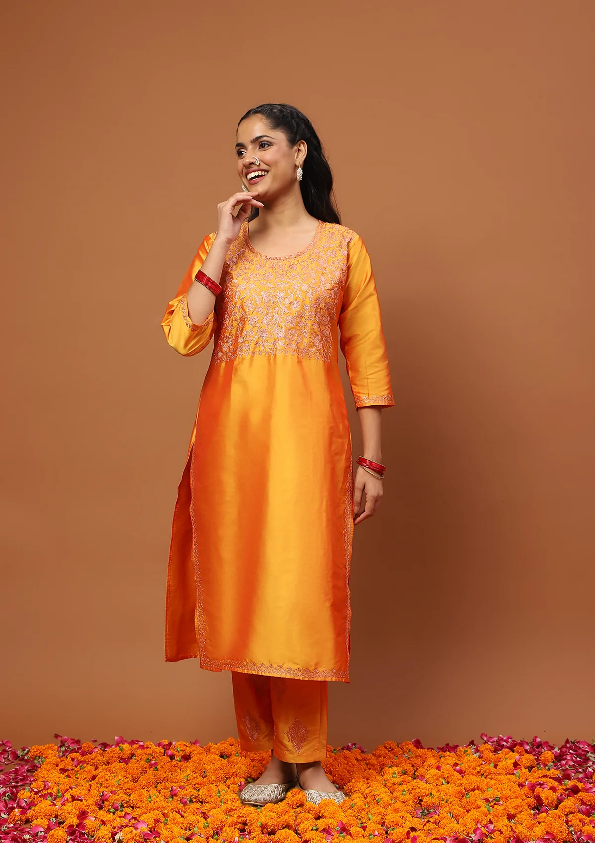 HOC Art Silk Embroidered Zari Work Solid Women's 2 PC Long Kurta Set - Mustard Yellow - Healthber