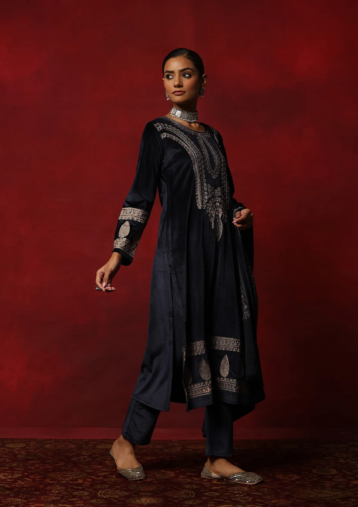 HOC Velvet Embroidered & Embellished Solid Women's 3 PC Kurta Set- Navy Blue - Healthber