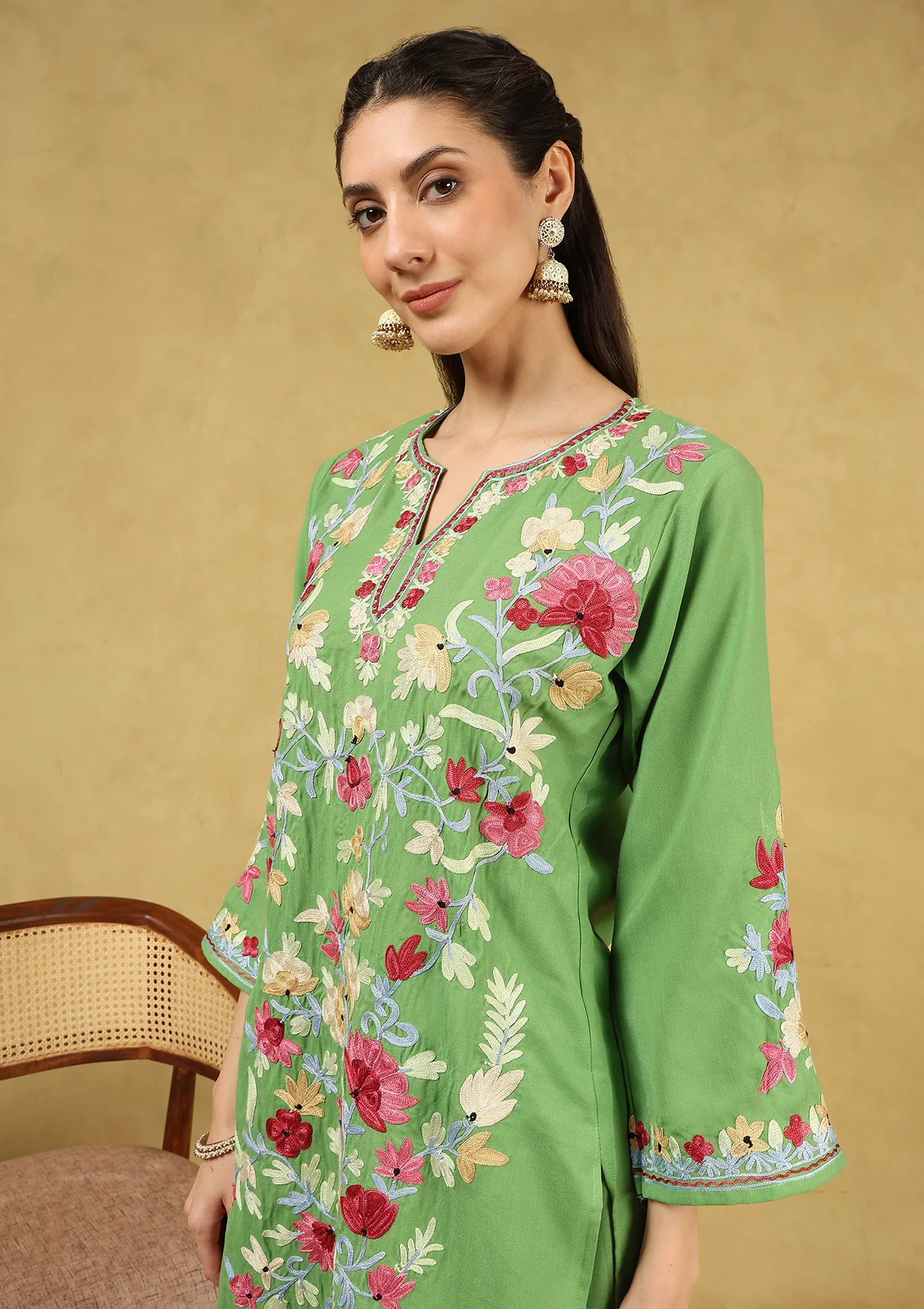 HOC Cotton Aari Embroidered Solid Women's 3 PC Short Kurta Set with Dupatta - Parrot Green - Healthber