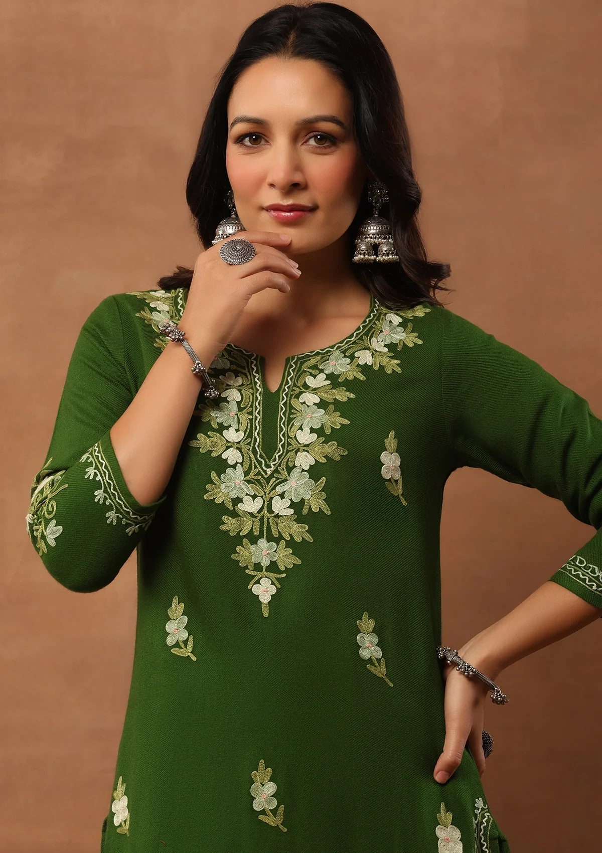 HOC Aari Embroidered Woollen Solid Women's Long Kurta -Green - Healthber