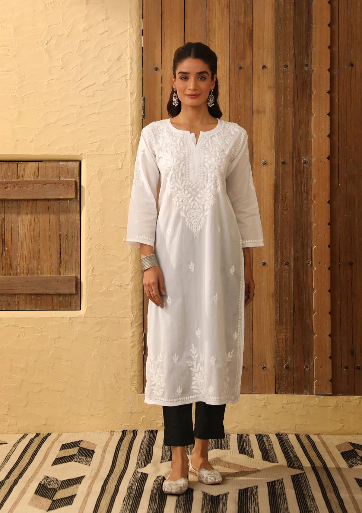 HOC Cotton Chikankari Solid Women's Long Kurta - White - Healthber