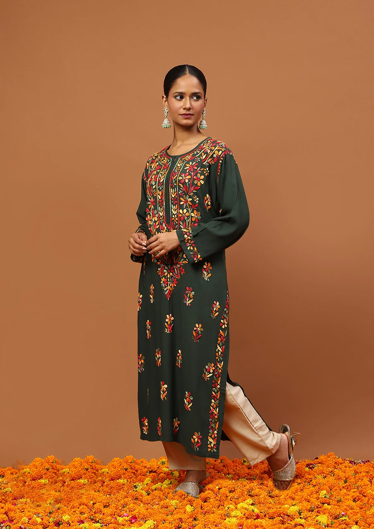 HOC Rayon Chikankari Solid Women's Long Kurta -Dark Green - Healthber