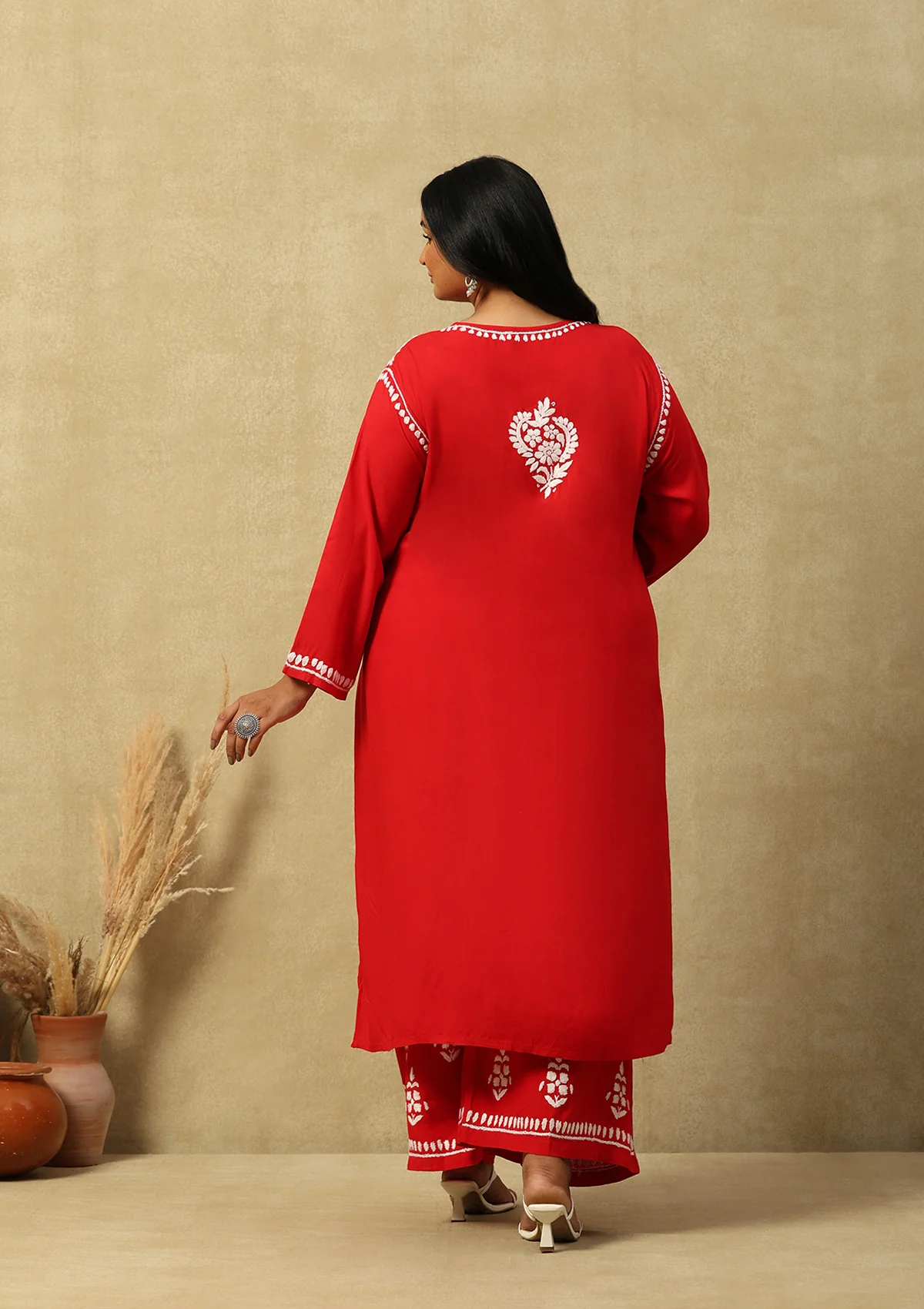 HOC Rayon Chikankari Solid Women's 2 PC Long Kurta Set-Red - Healthber