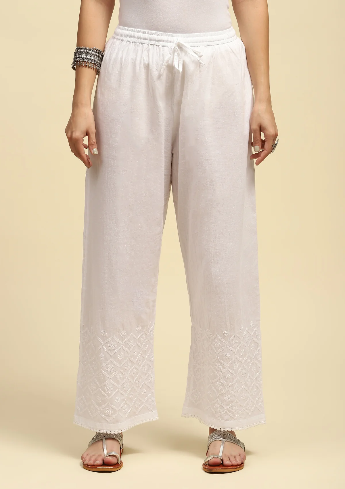 HOC Cotton Chikankari Solid Women's Palazzo - White - Healthber