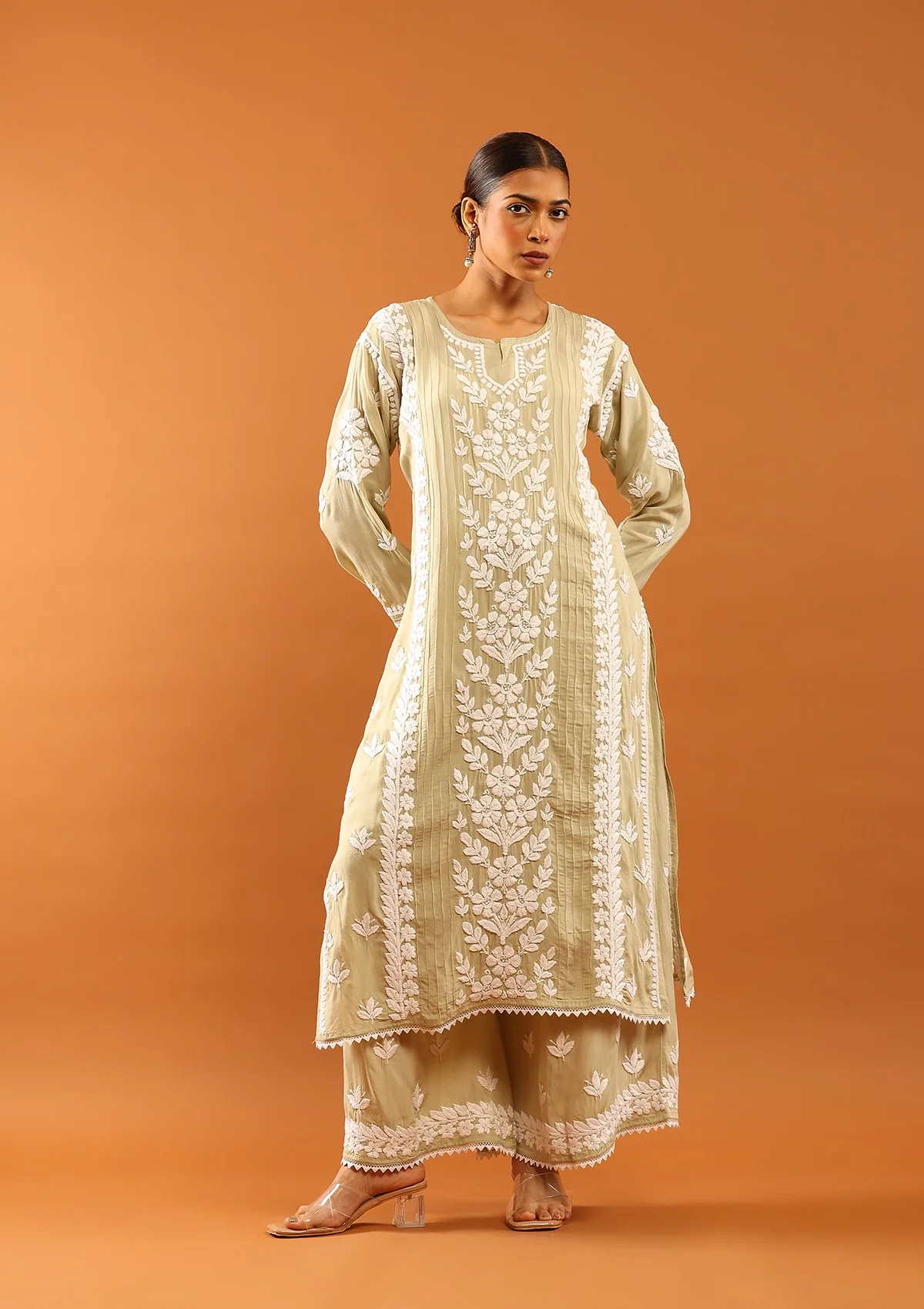 HOC Modal Chikankari Solid Women's 2 PC Long Kurta Set With Lace -Pista Green - Healthber