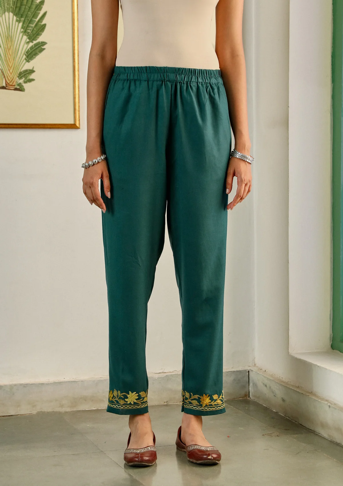 HOC Aari Embroidered Cotton Solid Women's 2PC Long Kurta Set - Teal Green - Healthber