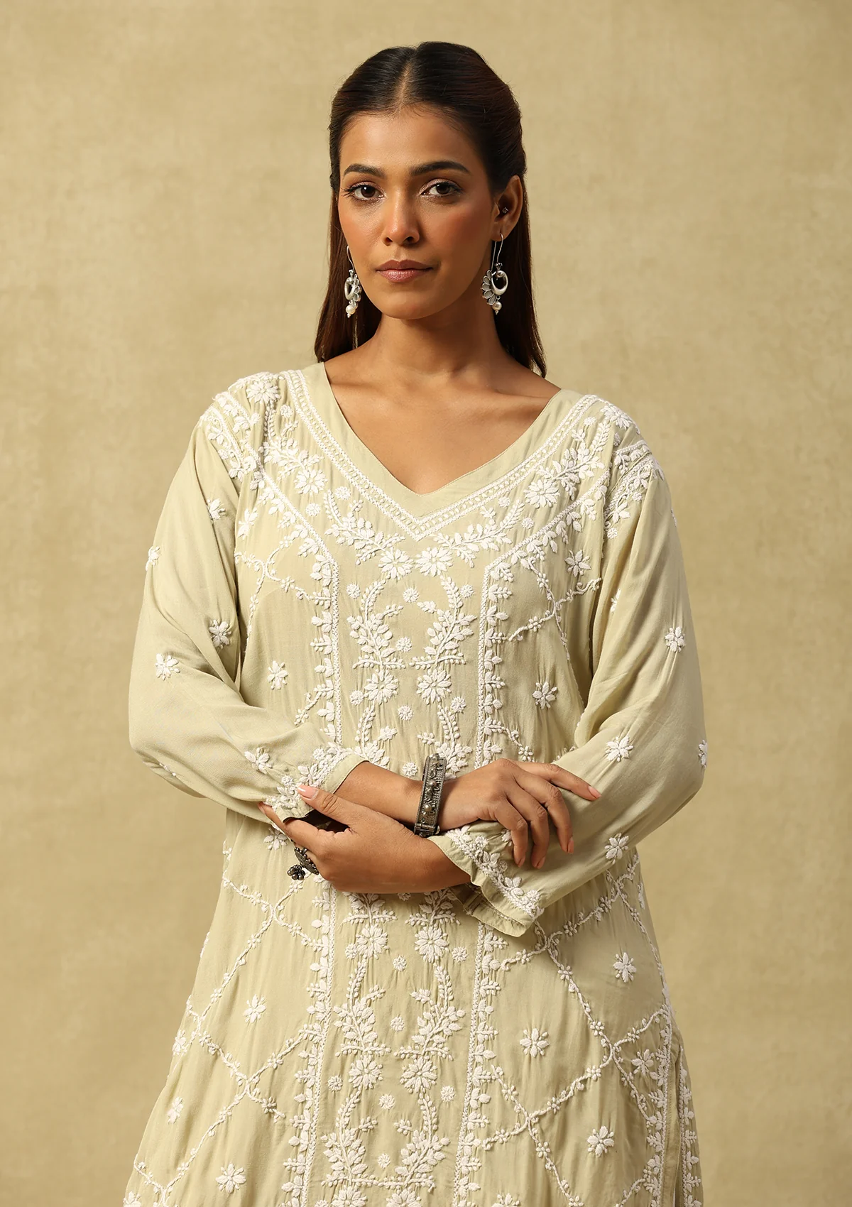 HOC Modal Chikankari Solid Women's Long Kurta - Light Green - Healthber