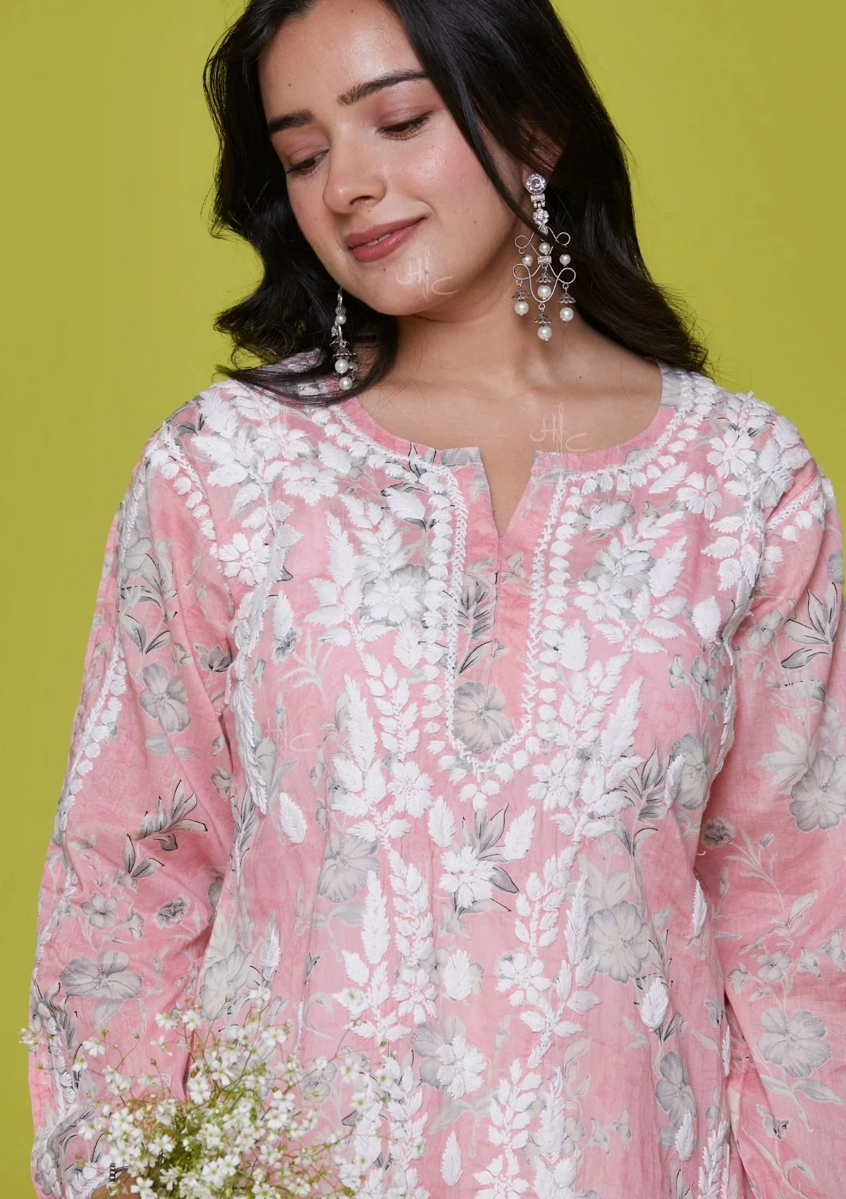 Mulmul Chikankari Printed Women's Long Kurta - Pink - Healthber