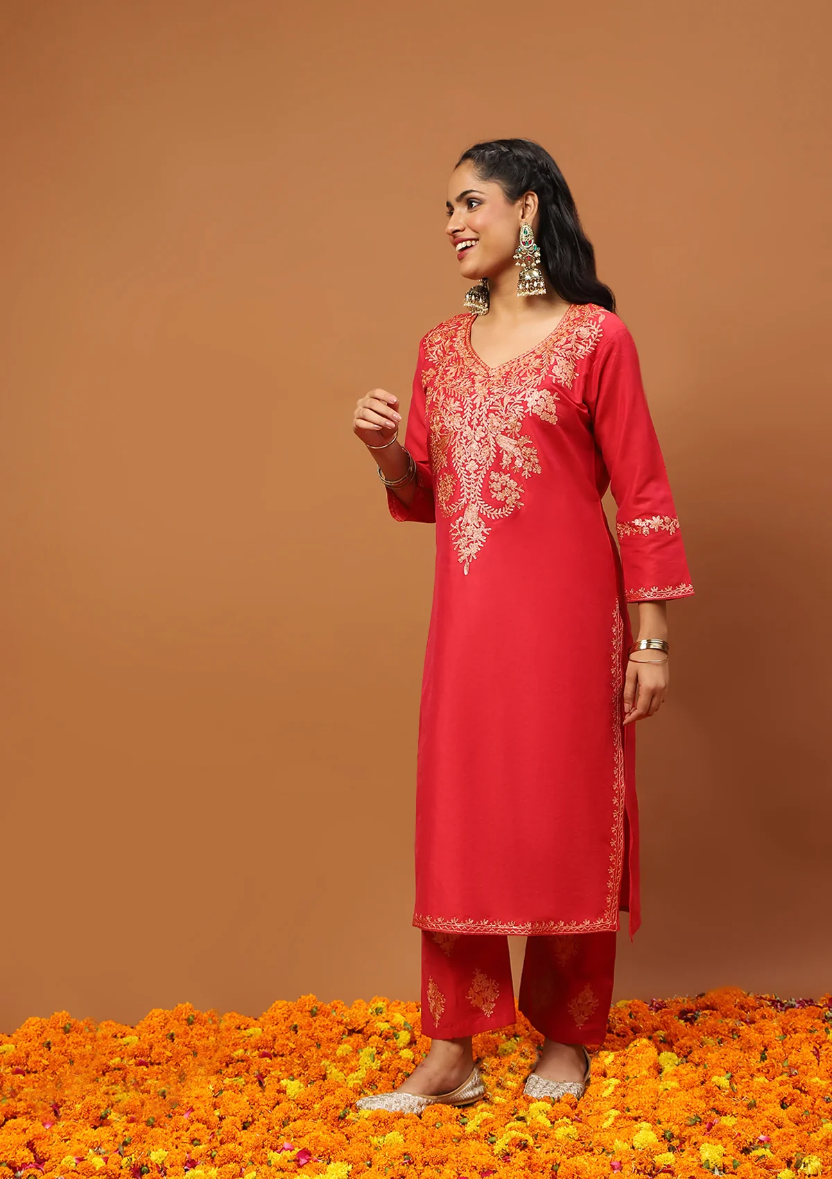 HOC Art Silk Embroidered Zari Work Solid Women's 2 PC Long Kurta Set - Red - Healthber