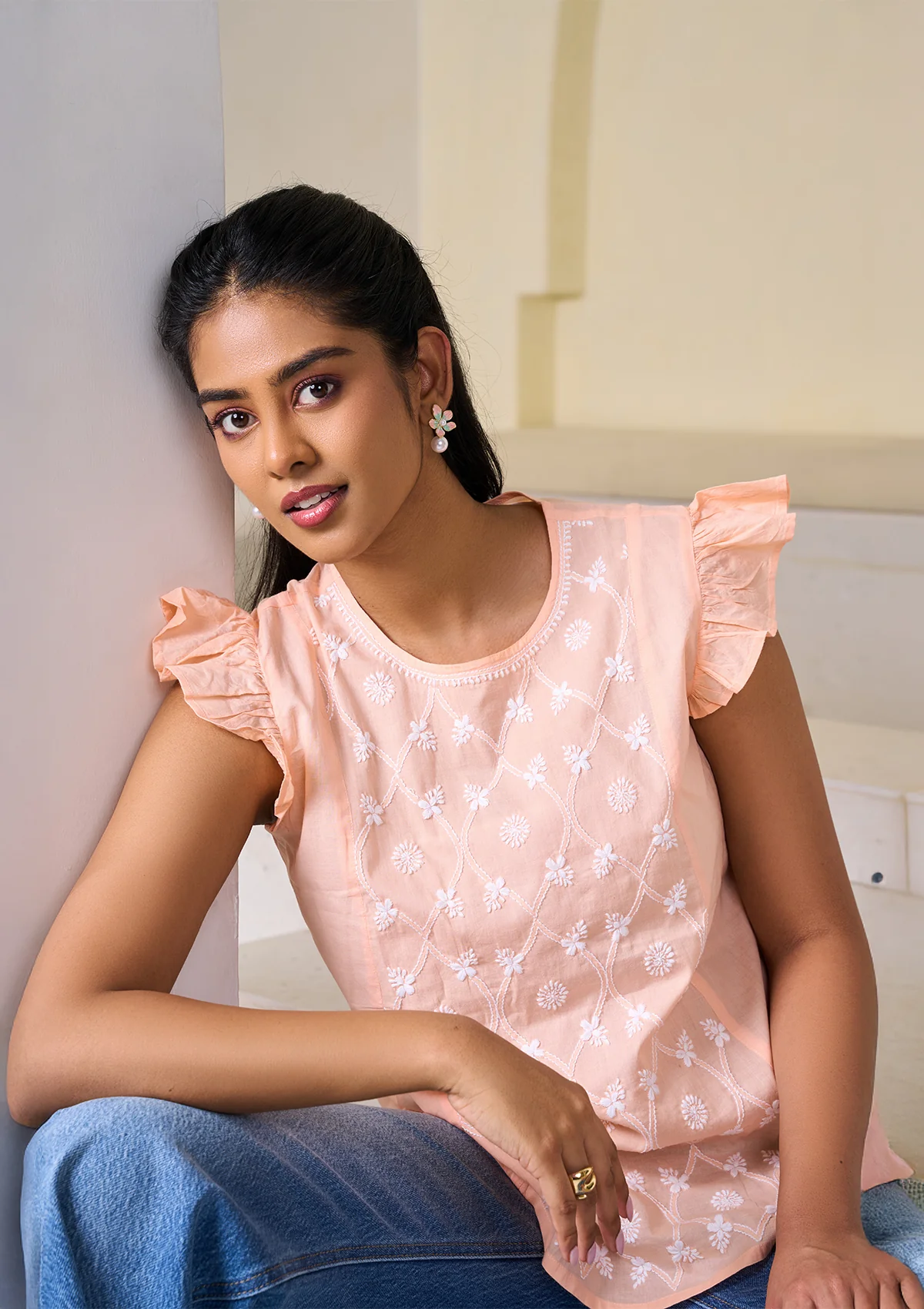 HOC Cotton Chikankari Solid Women's Top - Peach - Healthber
