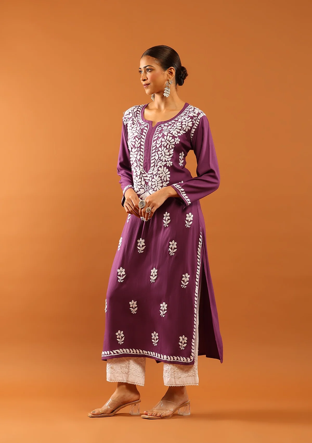 HOC Rayon Chikankari Solid Women's Long Kurta -Dark Purple - Healthber