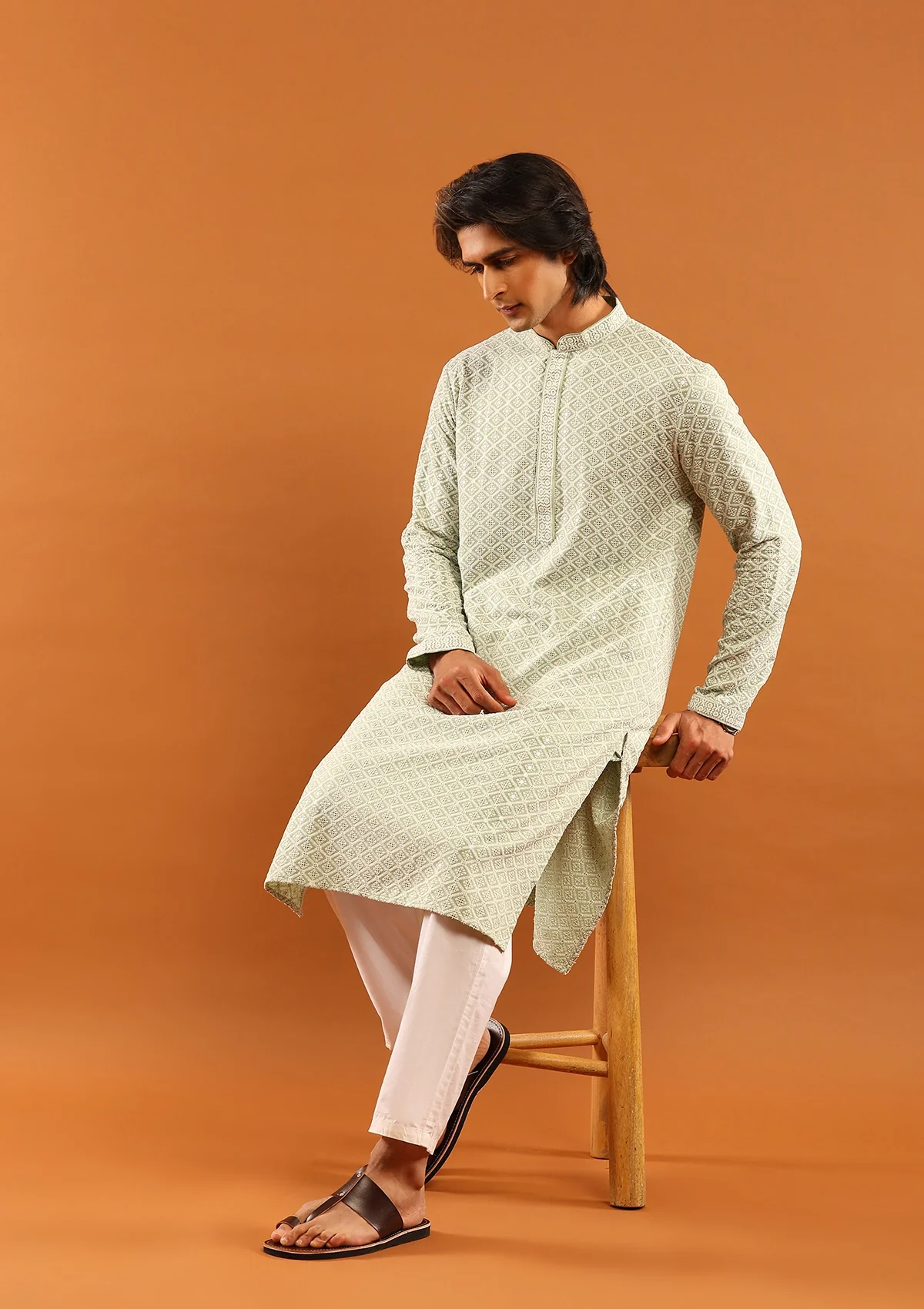 HOC Rayon Embroidered With Sequins Solid Men's Long Kurta- Pista Green - Healthber