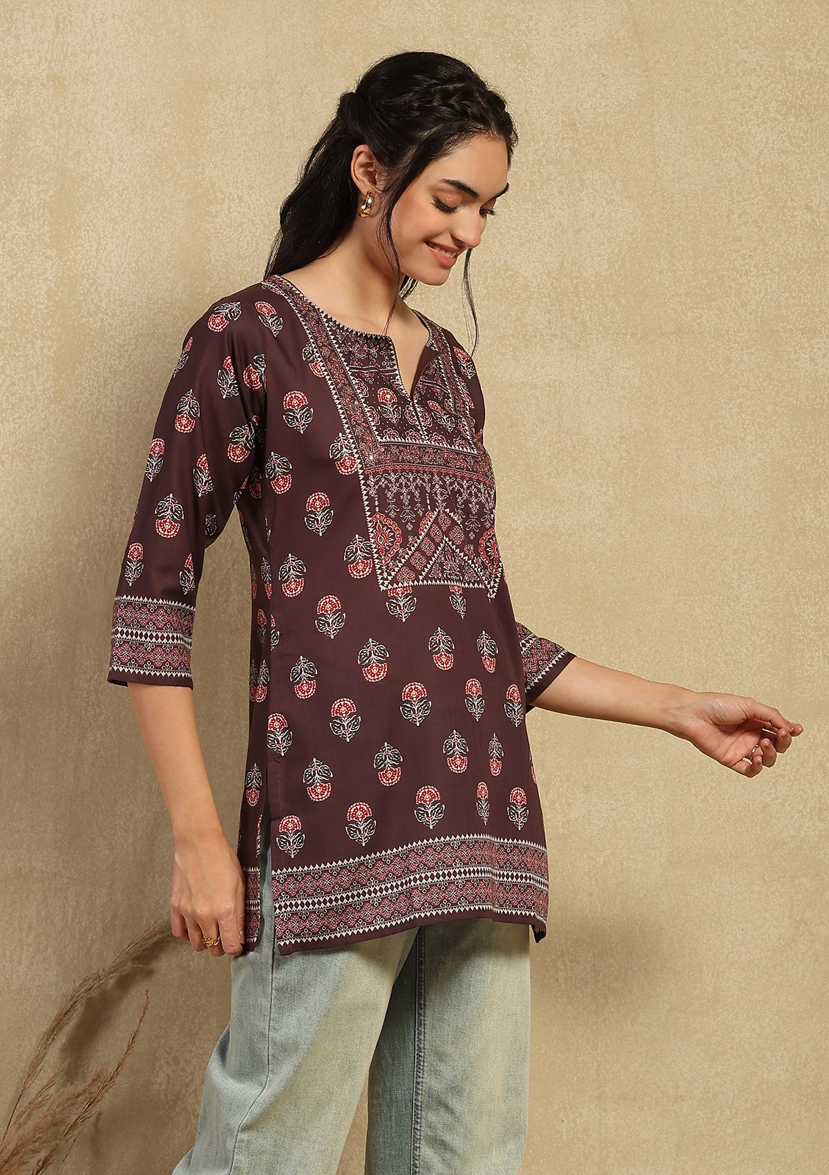 HOC Hand Embellished Cotton Blend Printed Women's Short Kurta - Brown - Healthber