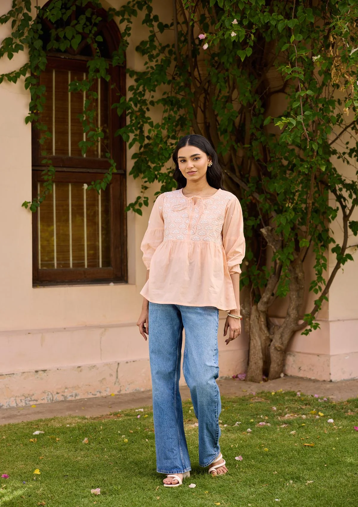 HOC Cotton Chikankari Solid Women's Top - Peach - Healthber