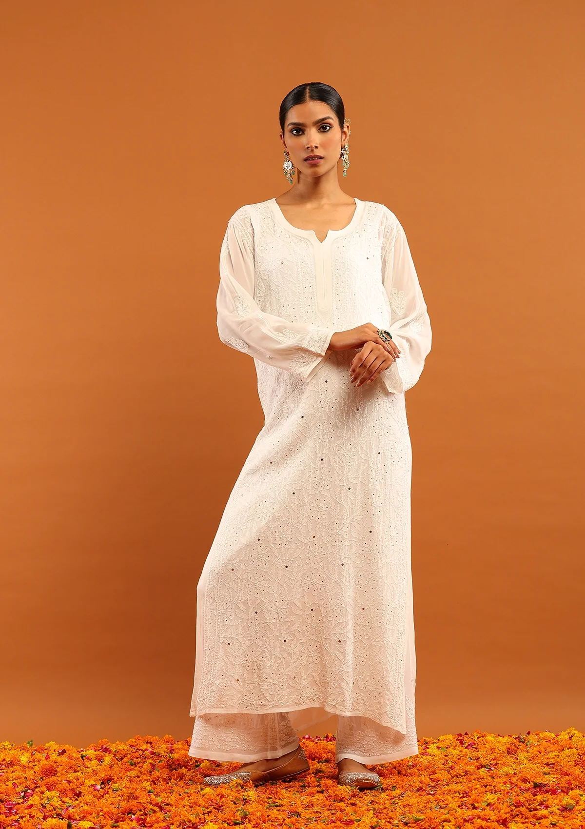 HOC Viscose Georgette Chikankari Mukaish & Kamdani Solid Women's 4 PC Long Kurta Set-White - Healthber