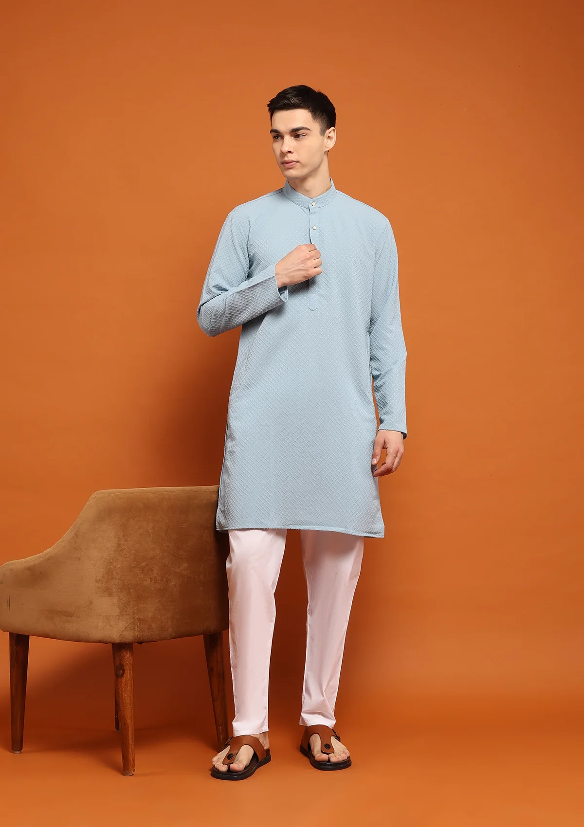 HOC Dobby Textured Solid Men's Long Kurta - Powder Blue - Healthber
