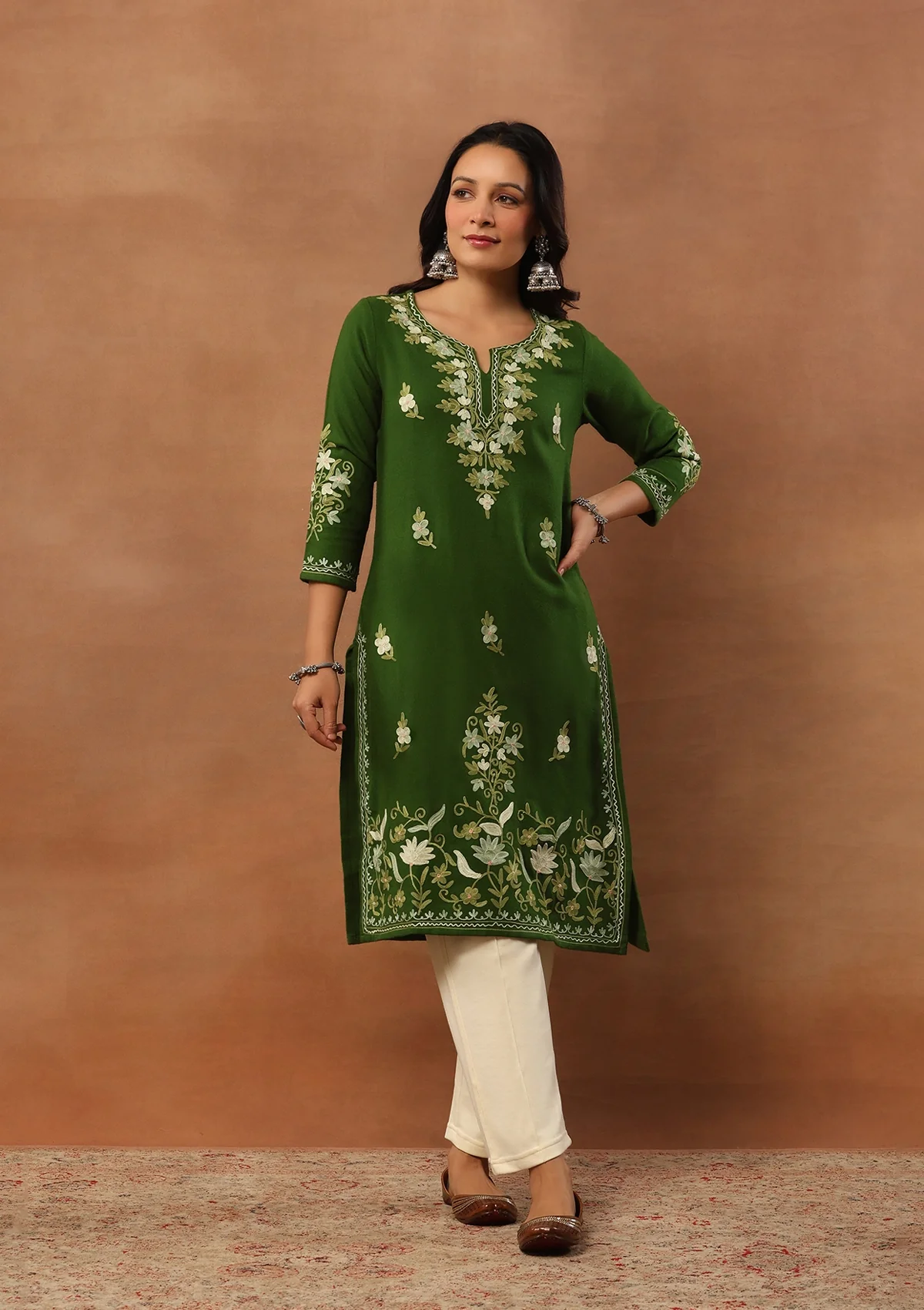 HOC Aari Embroidered Woollen Solid Women's Long Kurta -Green - Healthber