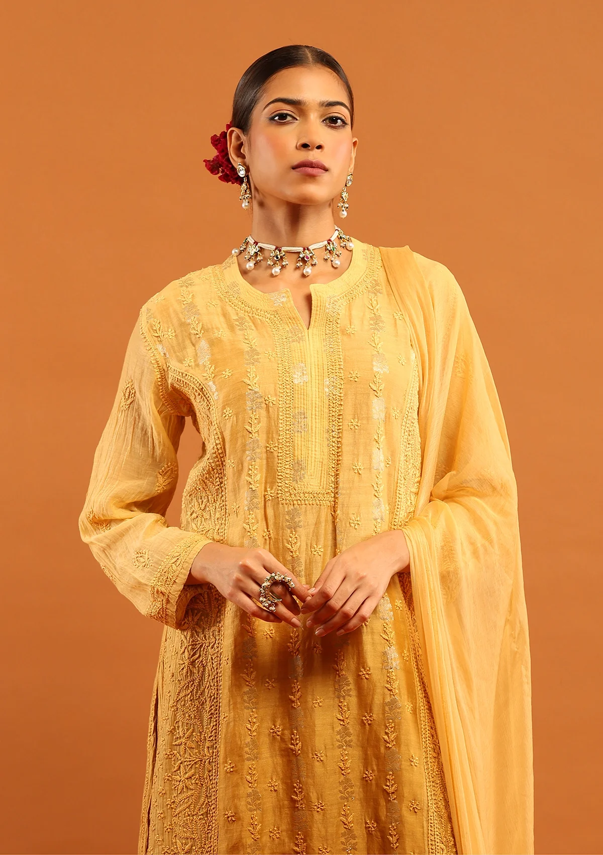 HOC Banarasi Mul Chanderi Chikankari Solid Women's 4 PC Straight Kurta Set - Yellow - Healthber