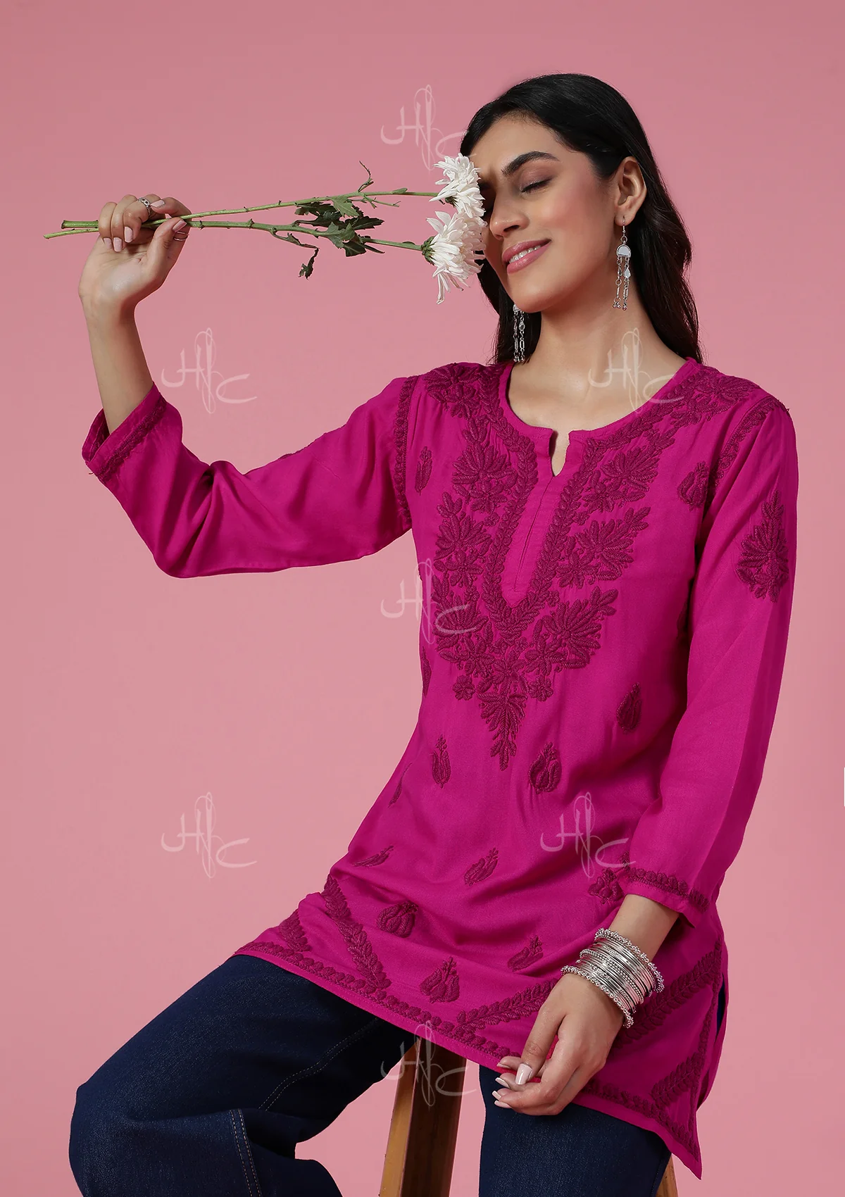 HOC Rayon Chikankari Solid Women's Short Kurta - Pink - Healthber