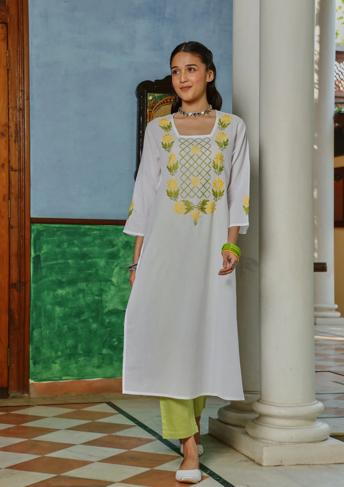 HOC Cotton Chikankari Solid Women's Long Kurta - White - Healthber