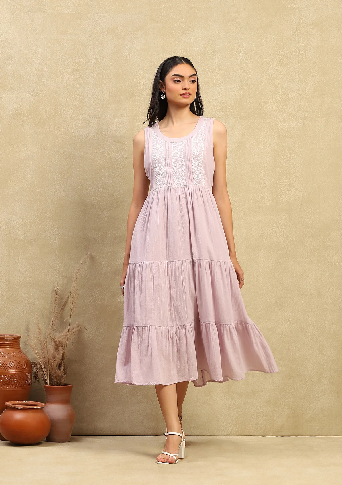 HOC Cotton Gauze Chikankari Solid Women's Long Dress - Lavender - Healthber