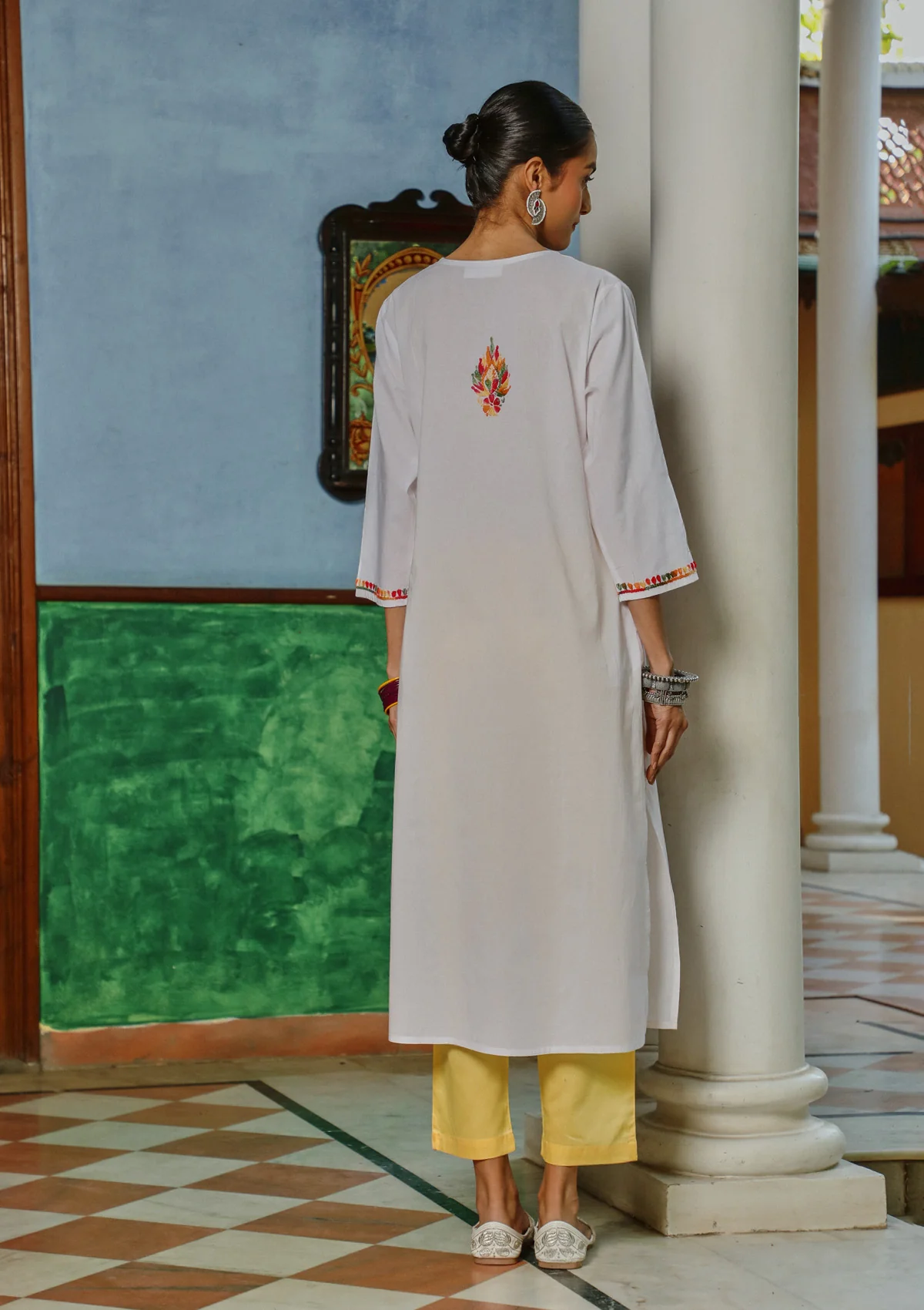 HOC Cotton Chikankari Solid Women's Long Kurta - White - Healthber