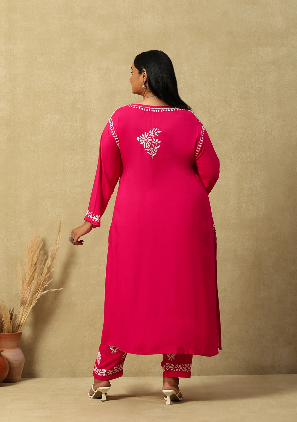 HOC Rayon Chikankari Solid Women's 2 PC Long Kurta Set-Dark Pink - Healthber
