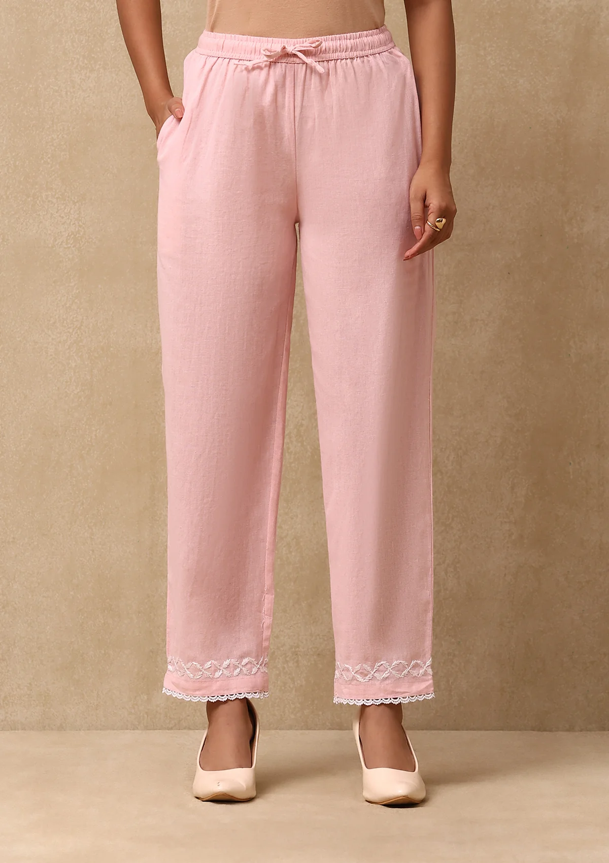 HOC Cotton Linen Blend Chikankari Solid Women's 2PC Long Kurta Set - Peach - Healthber