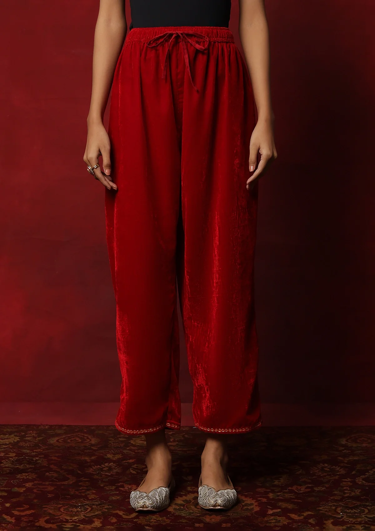 HOC Kashmiri Velvet Tilla Embroidered Solid Women's 2 PC Phiran Set -Red - Healthber