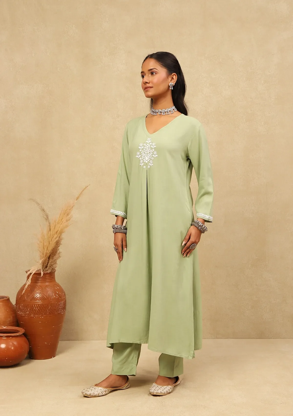 HOC Rayon Chikankari With Mukaish Solid Women's 2 PC Long Kurta Set - Green - Healthber
