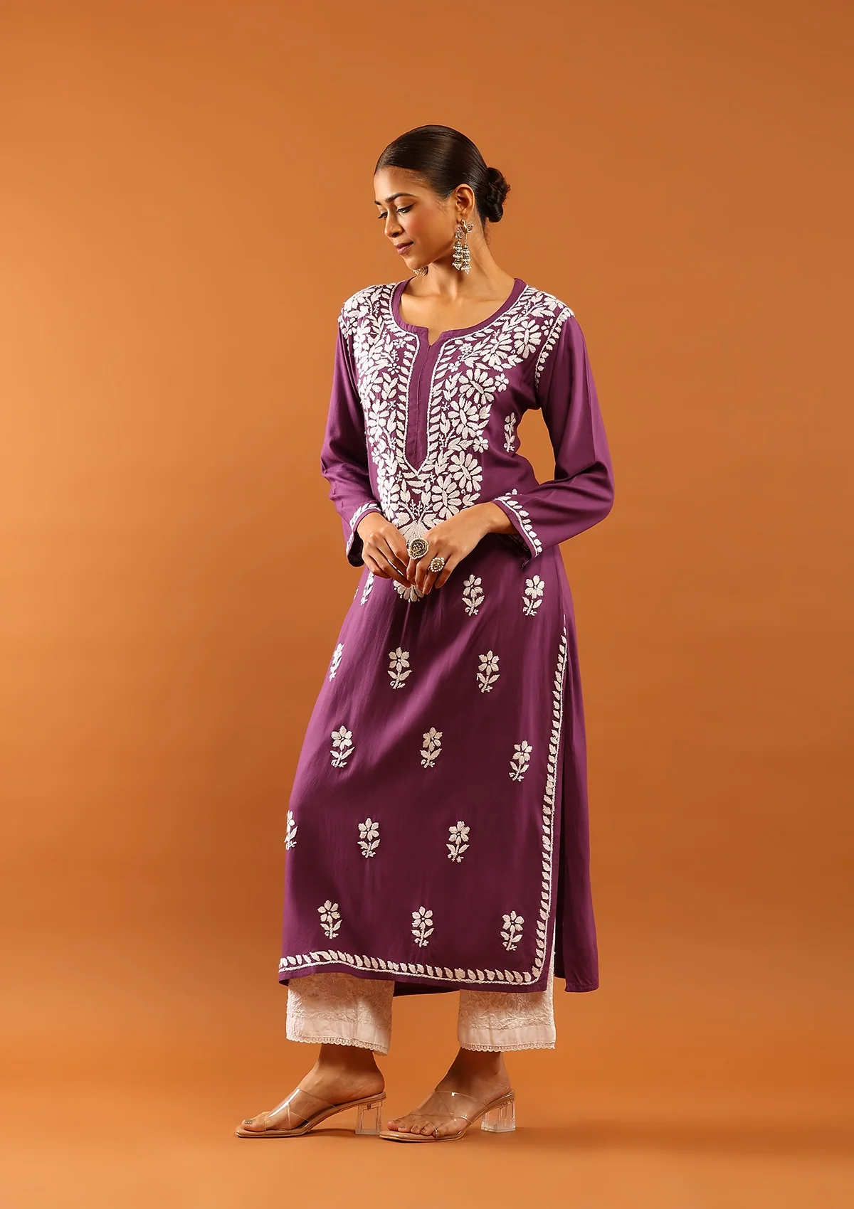 HOC Rayon Chikankari Solid Women's Long Kurta -Dark Purple - Healthber