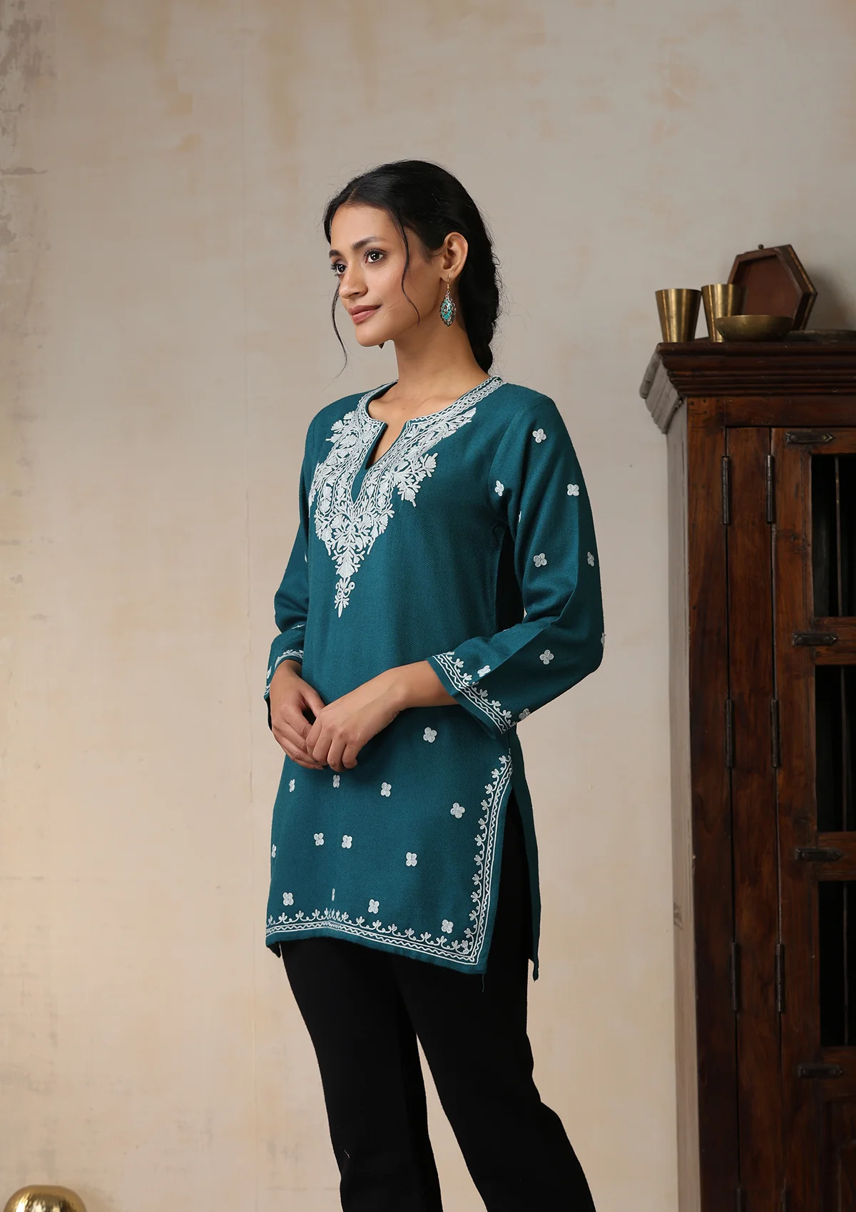 HOC Aari Embroidered Woollen Solid Women's Short Kurta - Teal - Healthber
