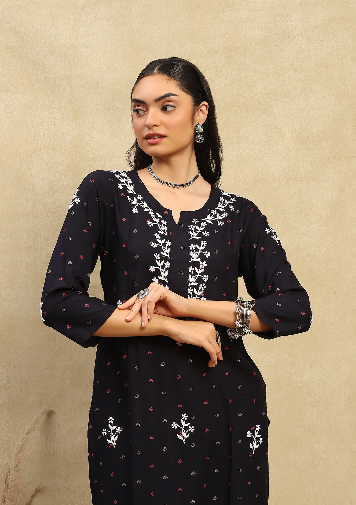 HOC Rayon Chikankari Printed Women's Long Kurta - Navy Blue - Healthber