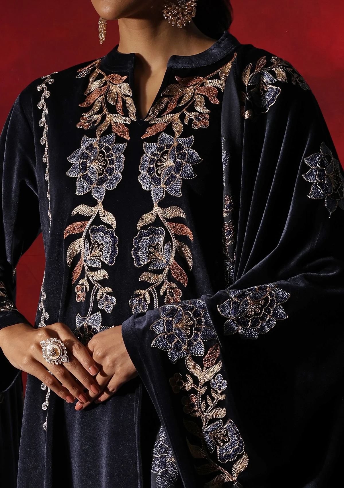 HOC Velvet Embroidered & Embellished Solid Women's 3 PC Kurta Set- Navy Blue - Healthber