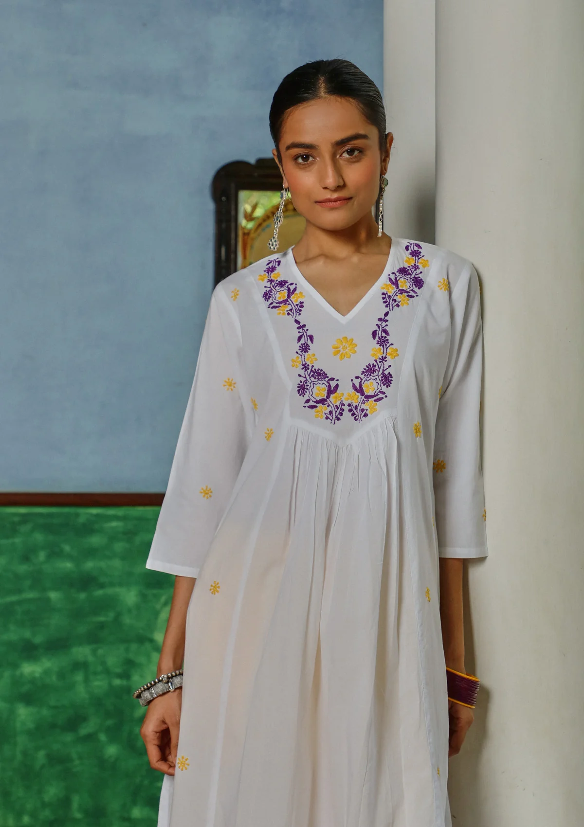 HOC Cotton Chikankari Solid Women's Long Kurta - White - Healthber