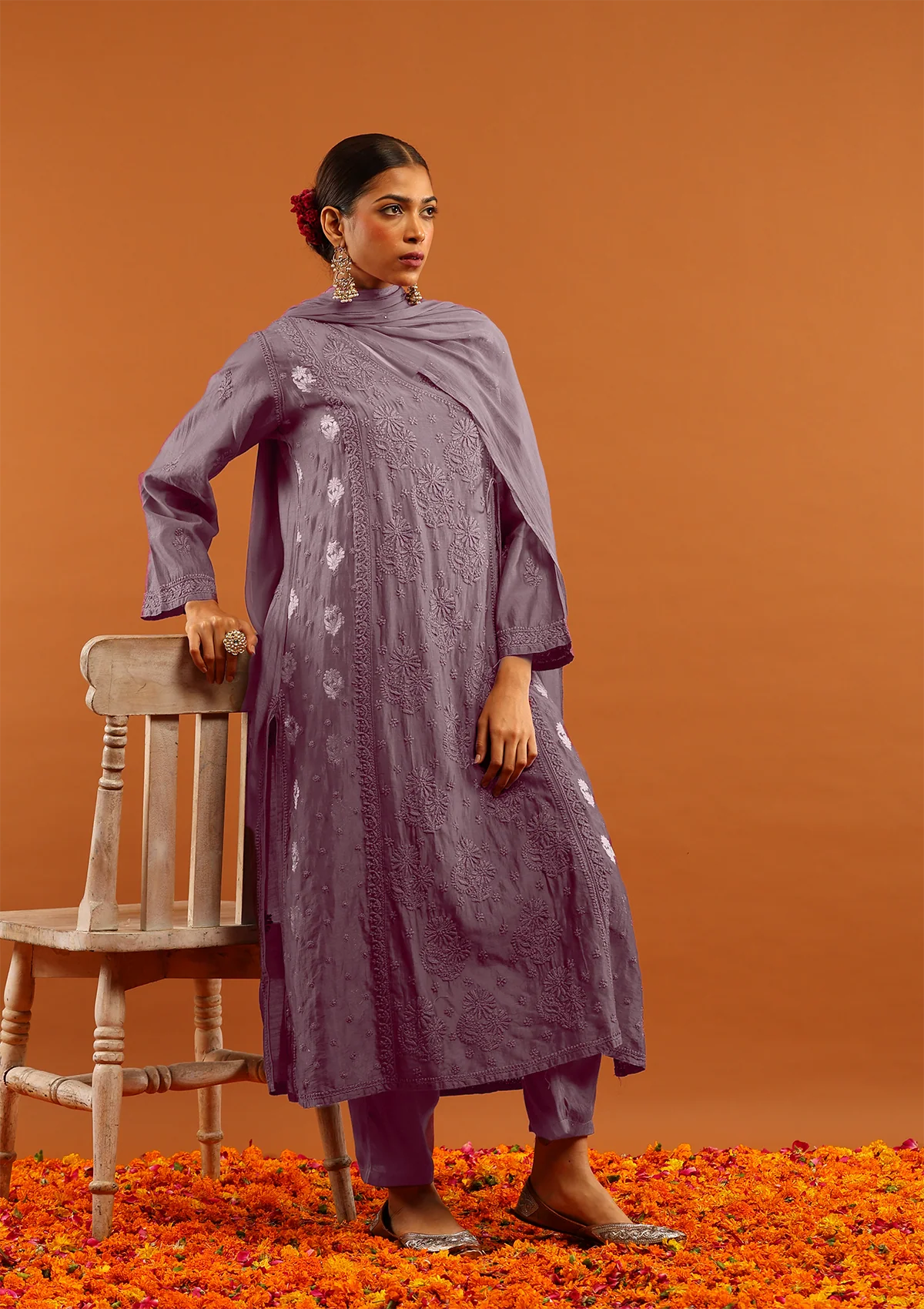 HOC Banarasi Mul Chanderi Chikankari Solid Women's 4PC Angrakha Kurta Set - Wine - Healthber