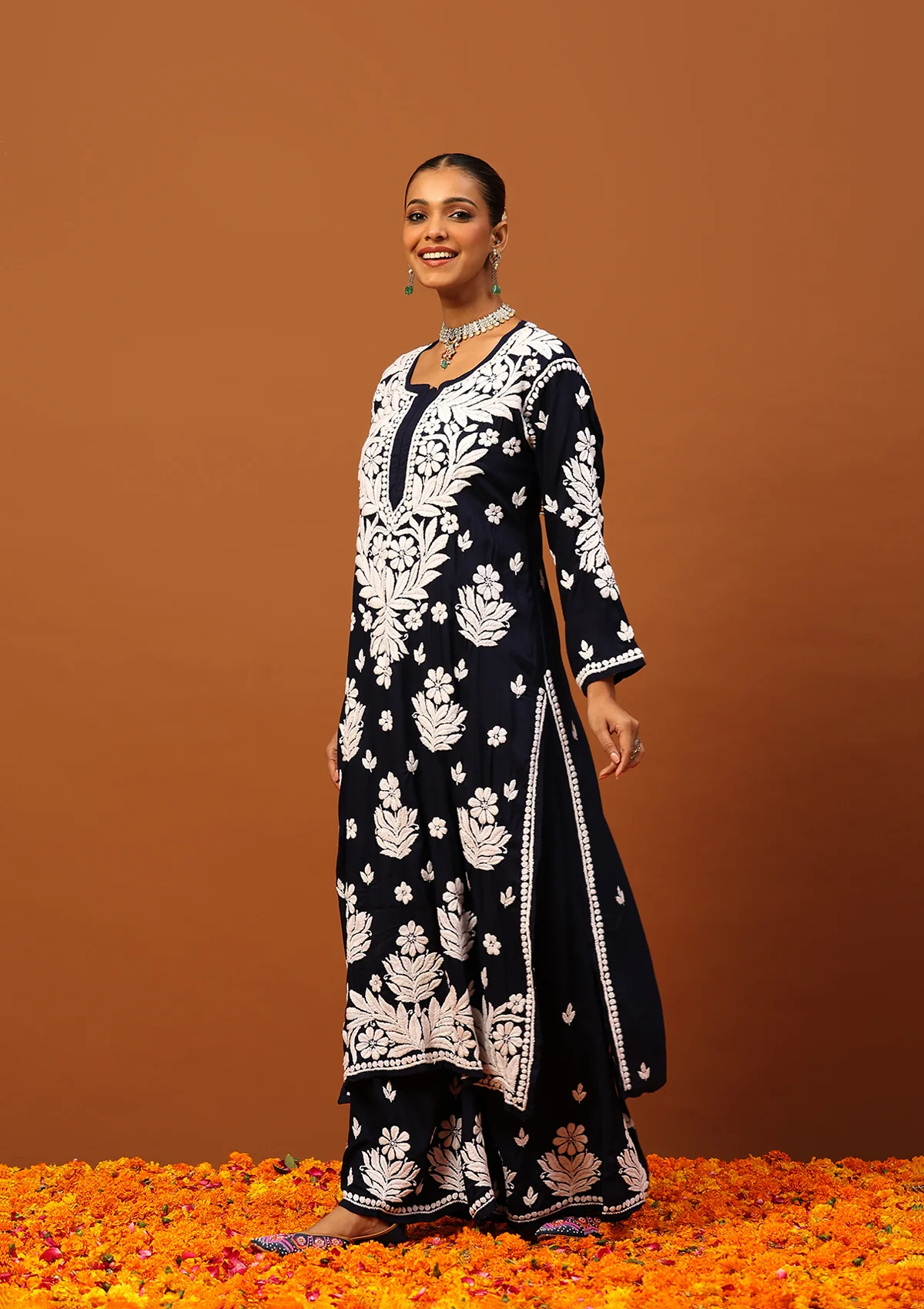 HOC Modal Chikankari Solid Women's 2 PC Long Kurta Set -Black - Healthber