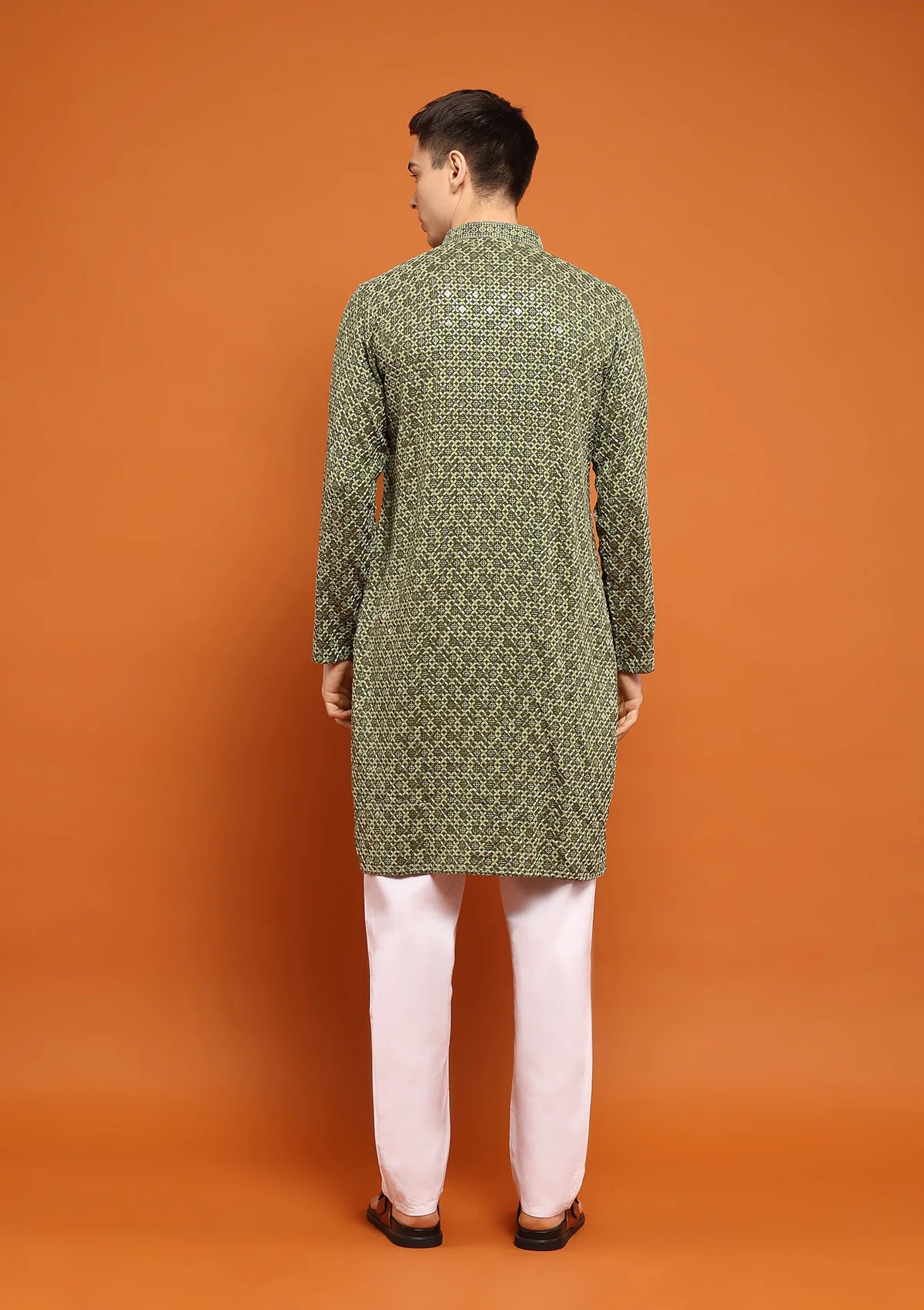 HOC Rayon Embroidered With Sequins Solid Men's Long Kurta- Green - Healthber