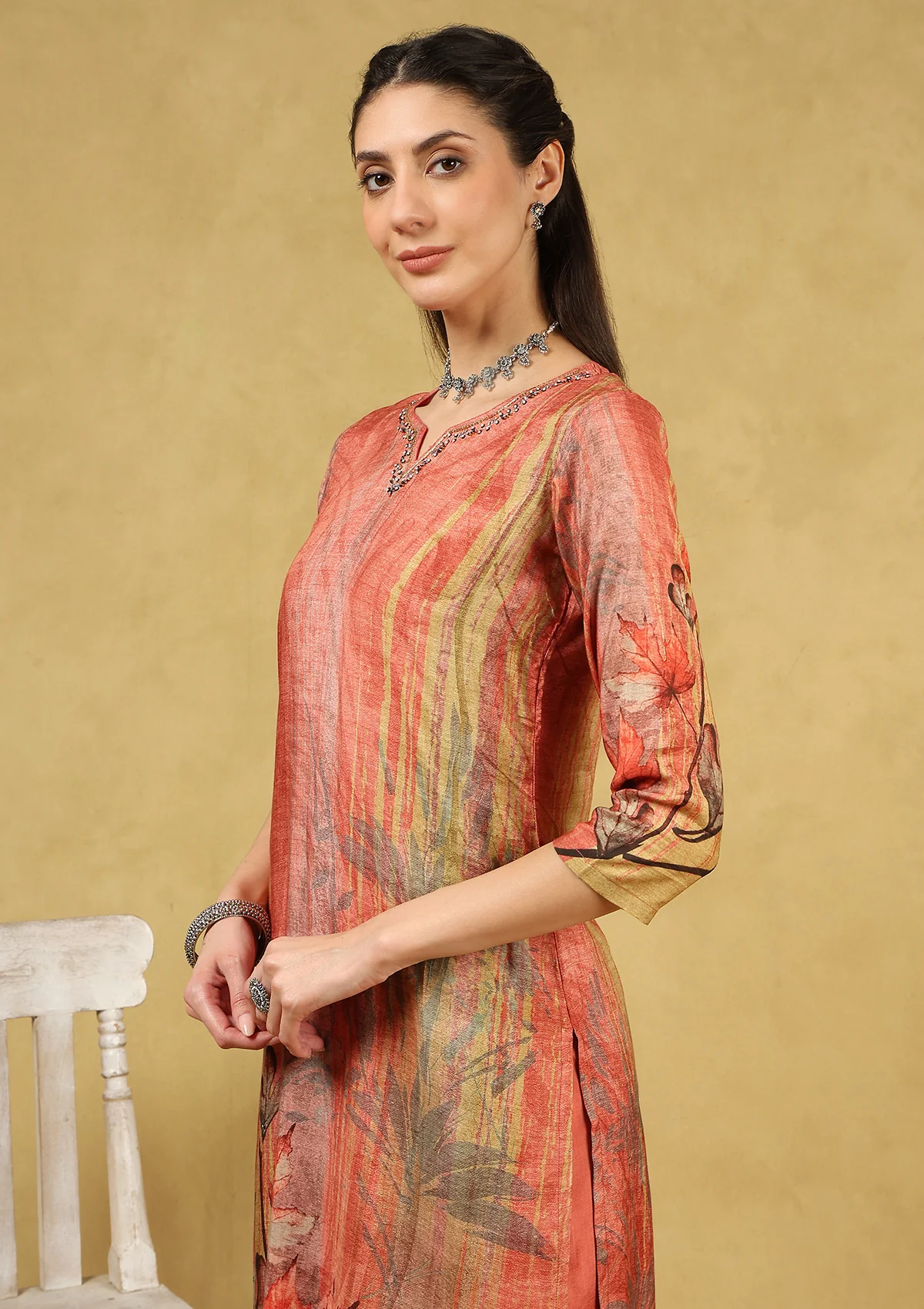 HOC Hand Embellished Muslin Printed Women's 3 PC Long Kurta Set with Dupatta - Rust - Healthber