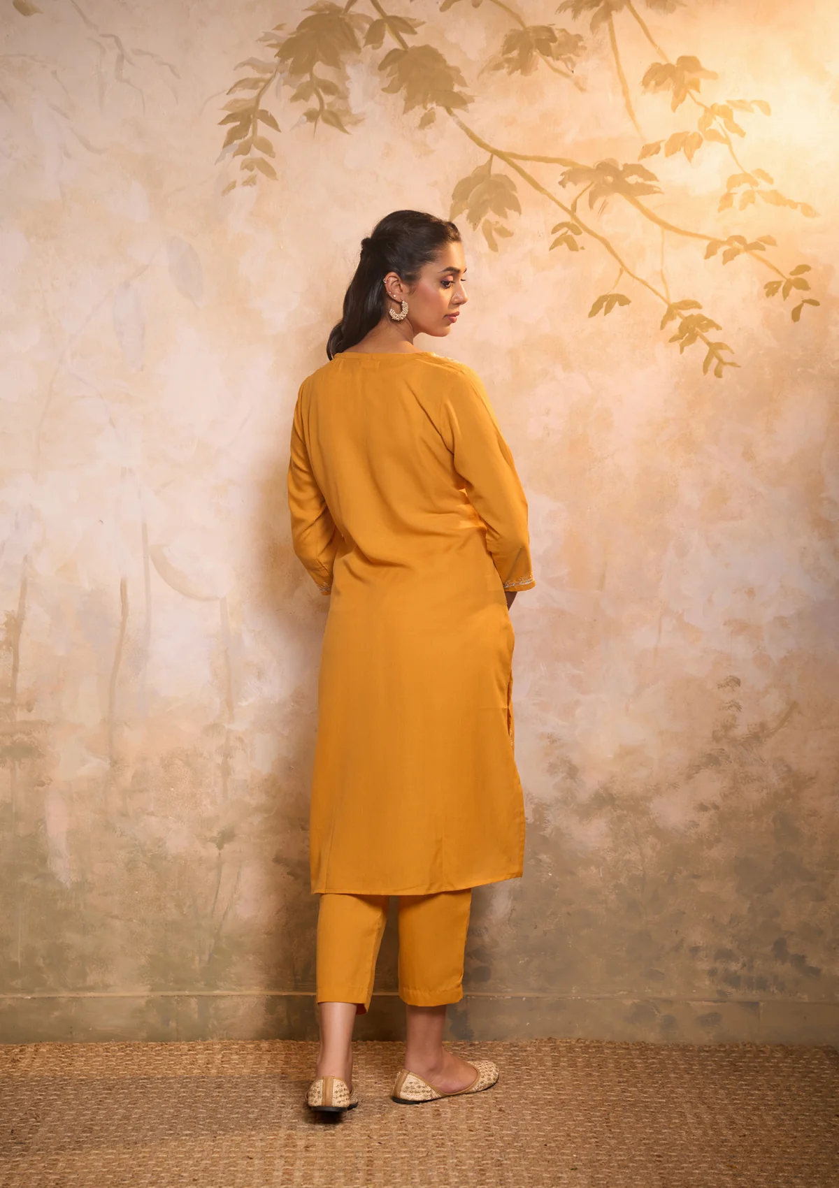 HOC Cotton Embroidered Aari With Zari Work Solid Women's 2 PC Long Kurta Set - Yellow - Healthber