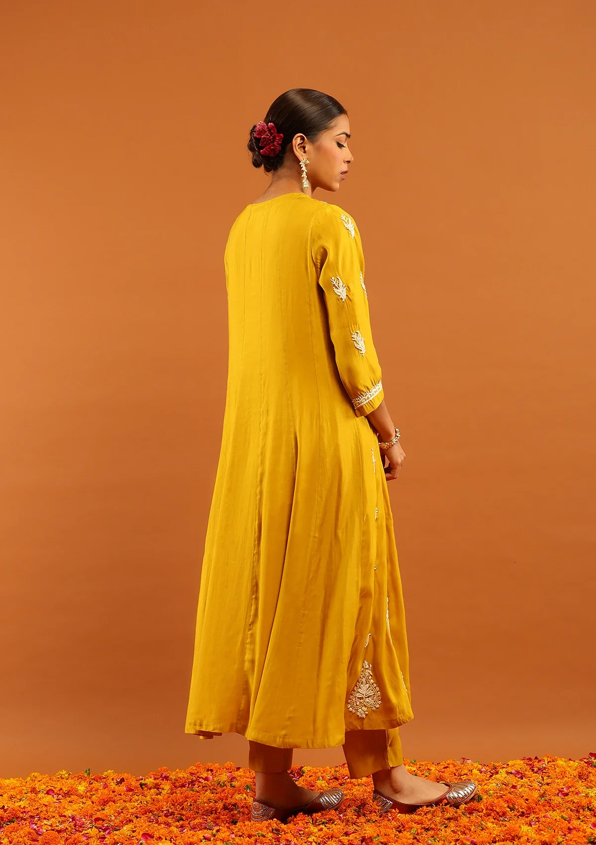 HOC Chanderi Chikankari Solid Women's 3 PC Anarkali Kurta Set-Yellow - Healthber